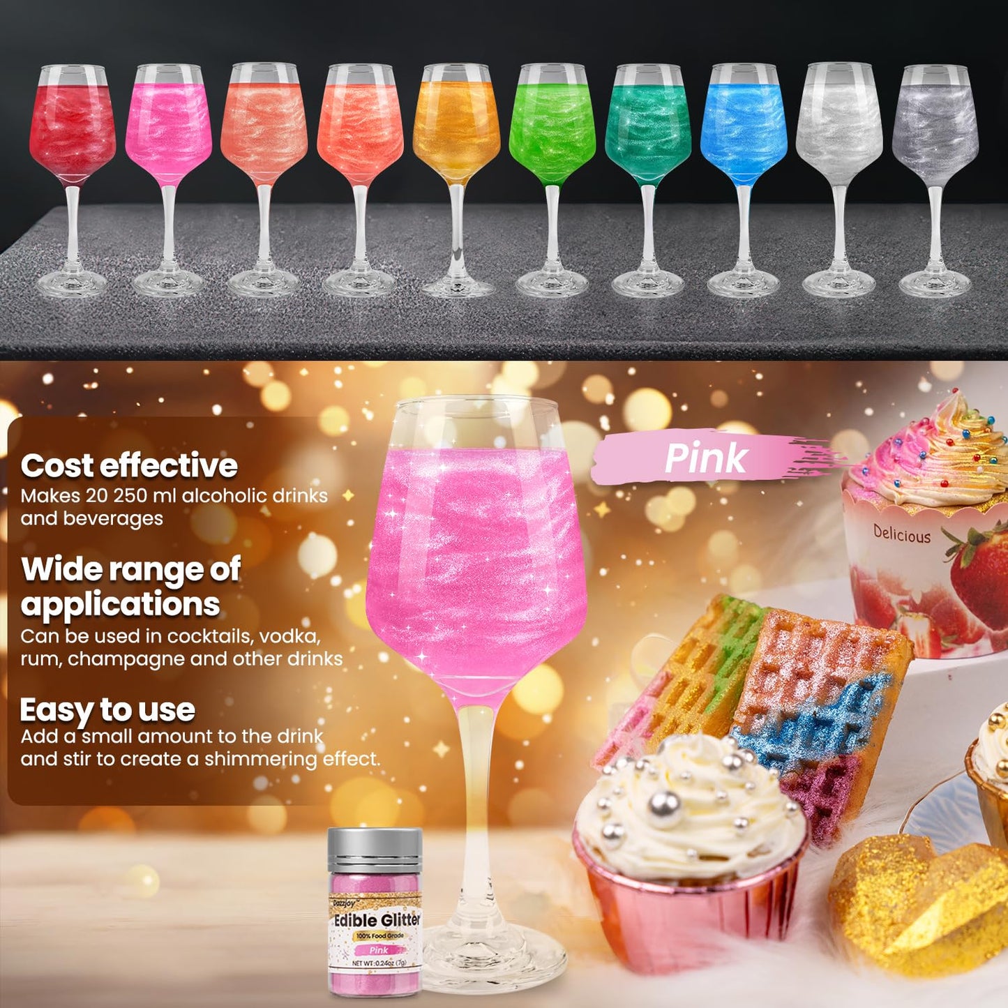 Dazzjoy Pink Edible Glitter For Cocktails, Food Grade 7G, Kosher, Shimmer Edible Glitter For Drinks, Decorating, Cupcake, Cookie