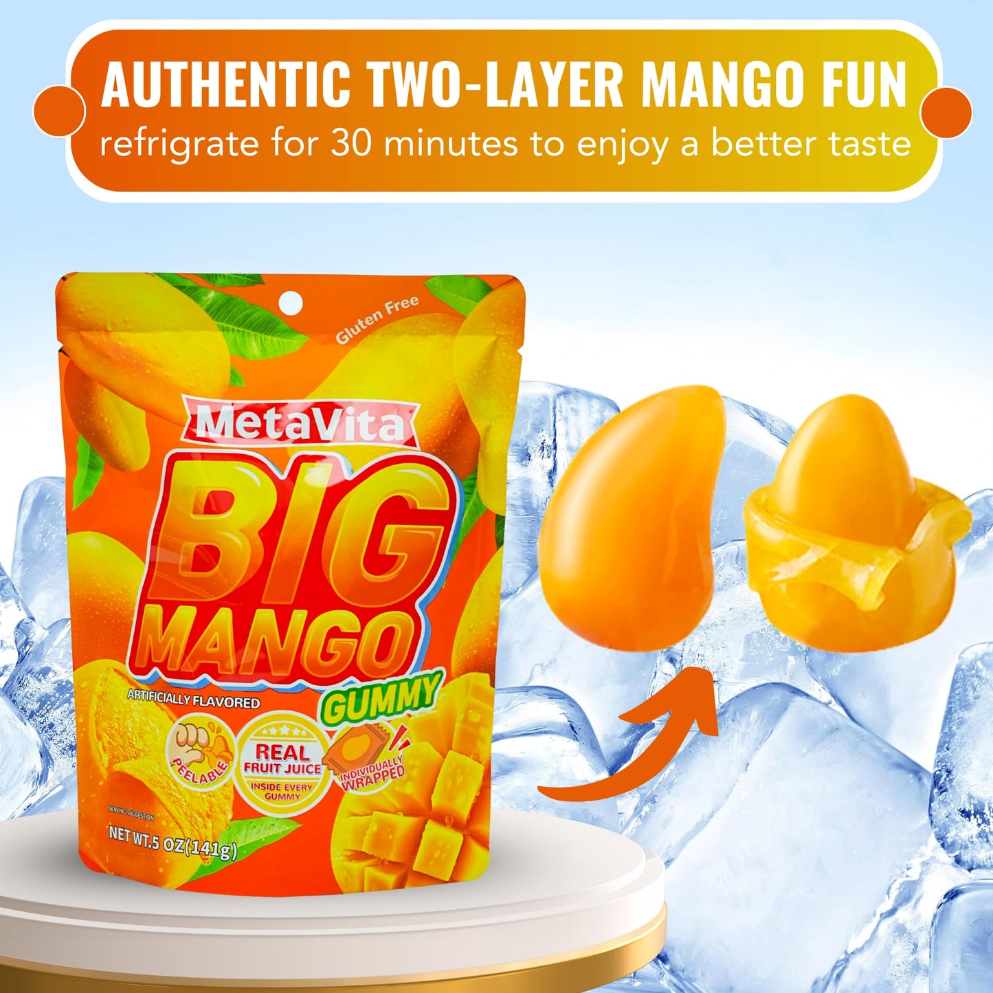 (3 Packs) MetaVita - Big Mango Gummy Candy - Individually Wrapped Peelable Mango Gummies with Real Puree - Chewy, Gluten-Free -