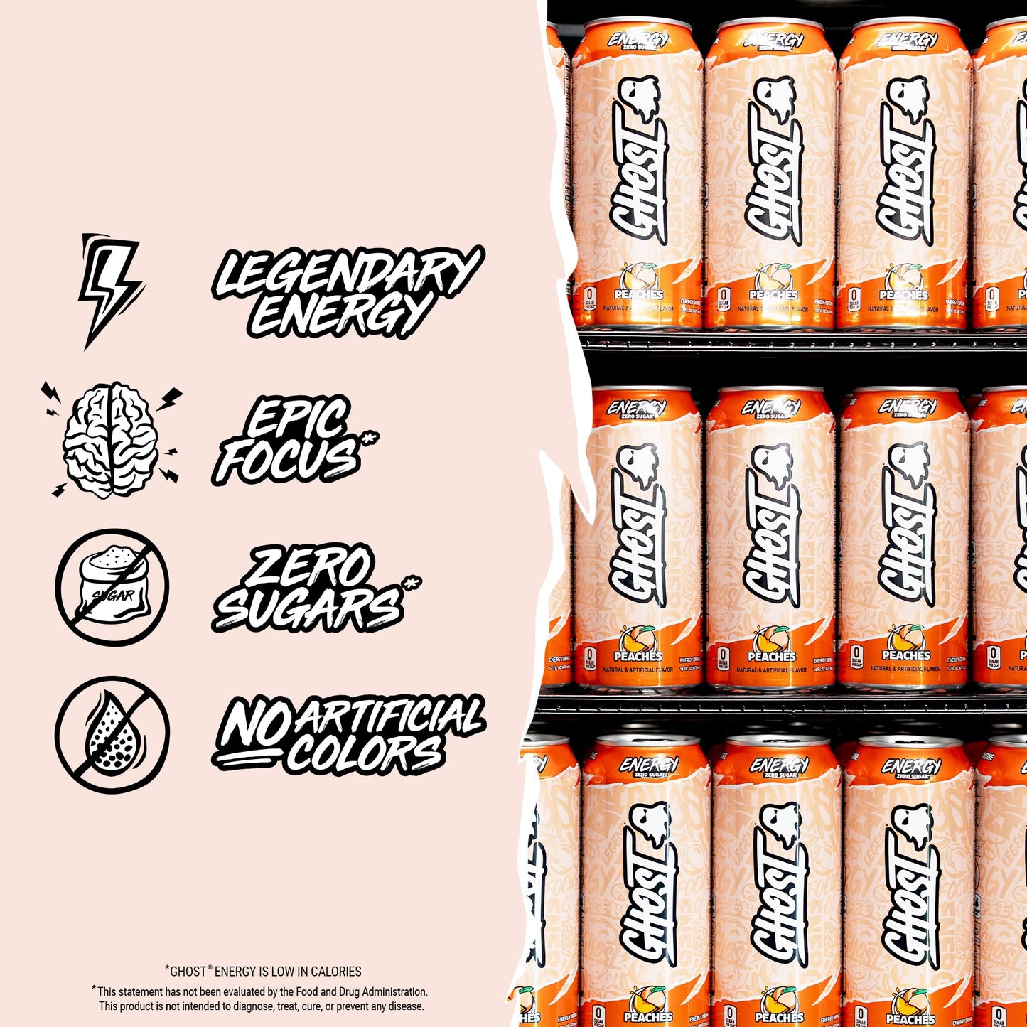 GHOST Energy Drink - 12-Pack, Peaches Flavor, 16oz, Gluten-Free, Vegan, 200mg Caffeine