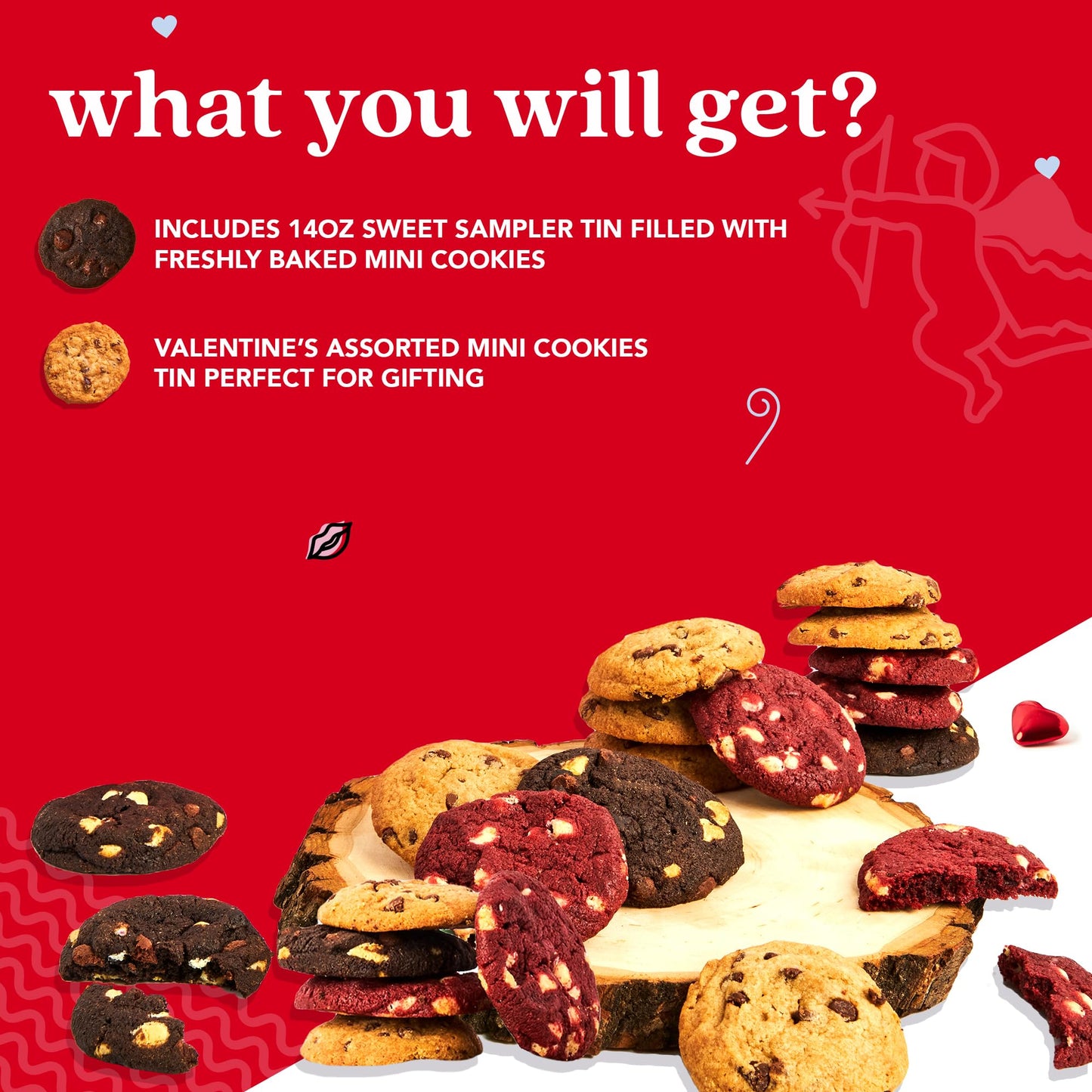 David'S Cookies Fresh-Baked Sweet Sampler Mini Bites In Love Tin - 1.7 Lbs Assorted Mini Cookies With Chocolate Chip, Chocolate