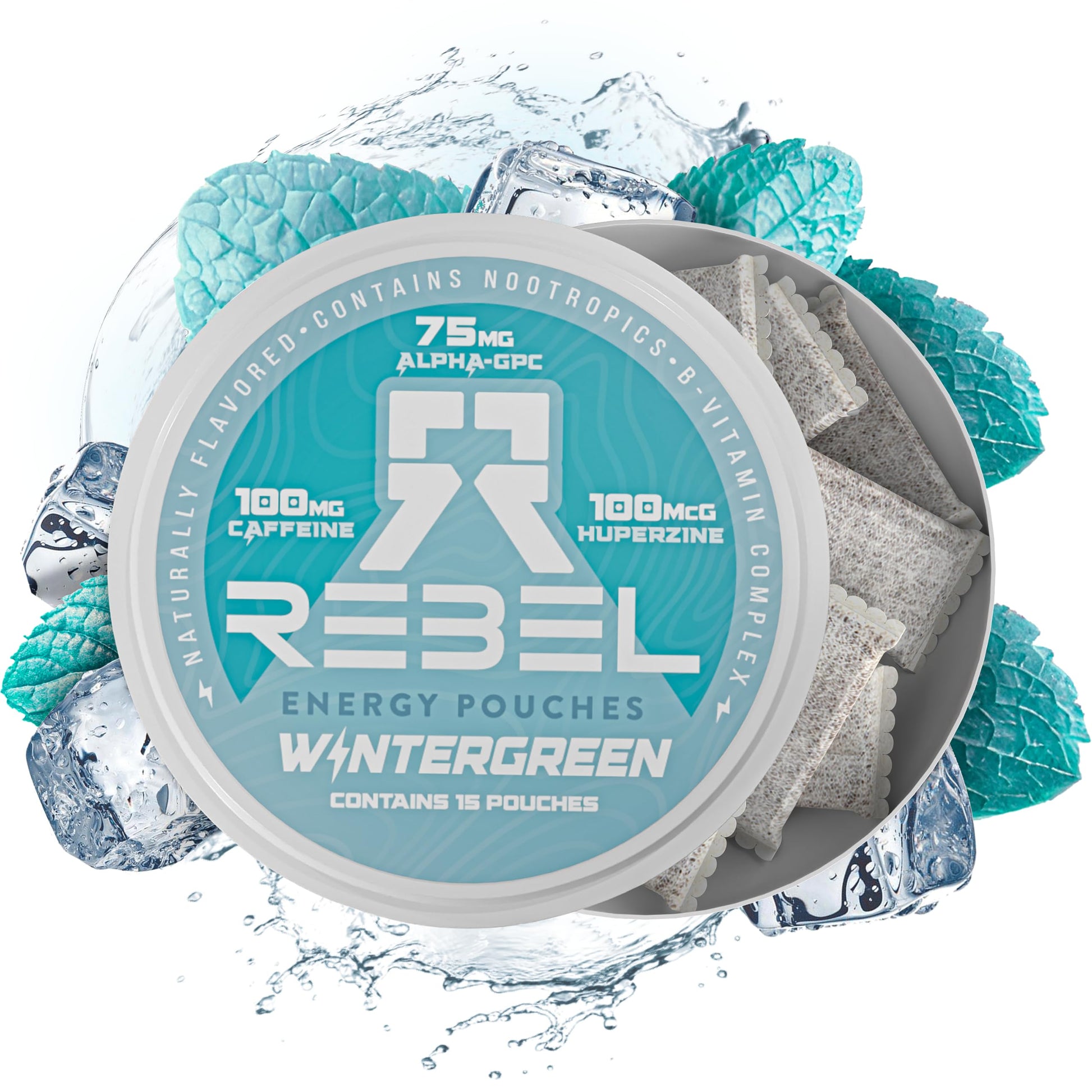 Rebel Supplements Nootropic Energy Caffeine Pouches, 100mg Caffeine, Sugar-Free, Pack of 1, Wintergreen Flavor