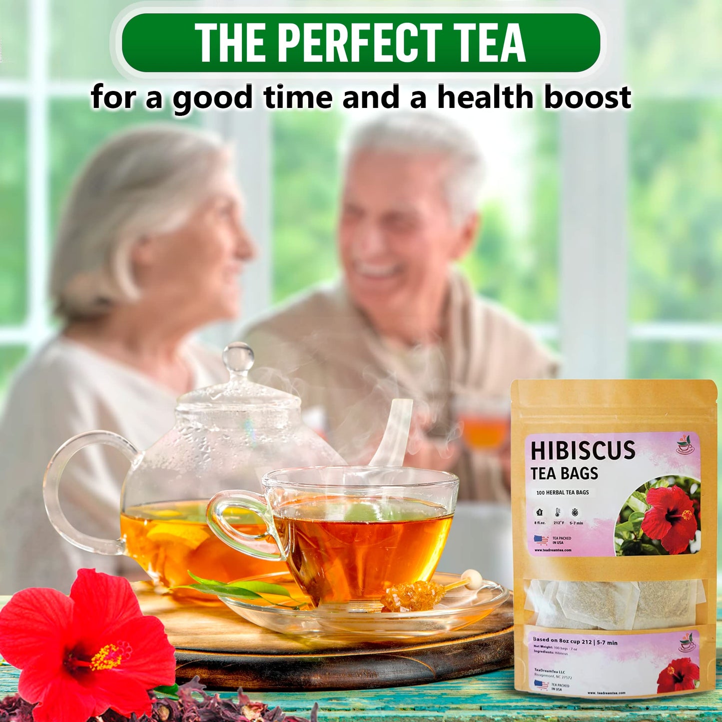 TeaDreamTea Hibiscus Tea Bags - 100 Bleach-Free Herbal Tea Bags, Caffeine Free, Brew Hot or Iced