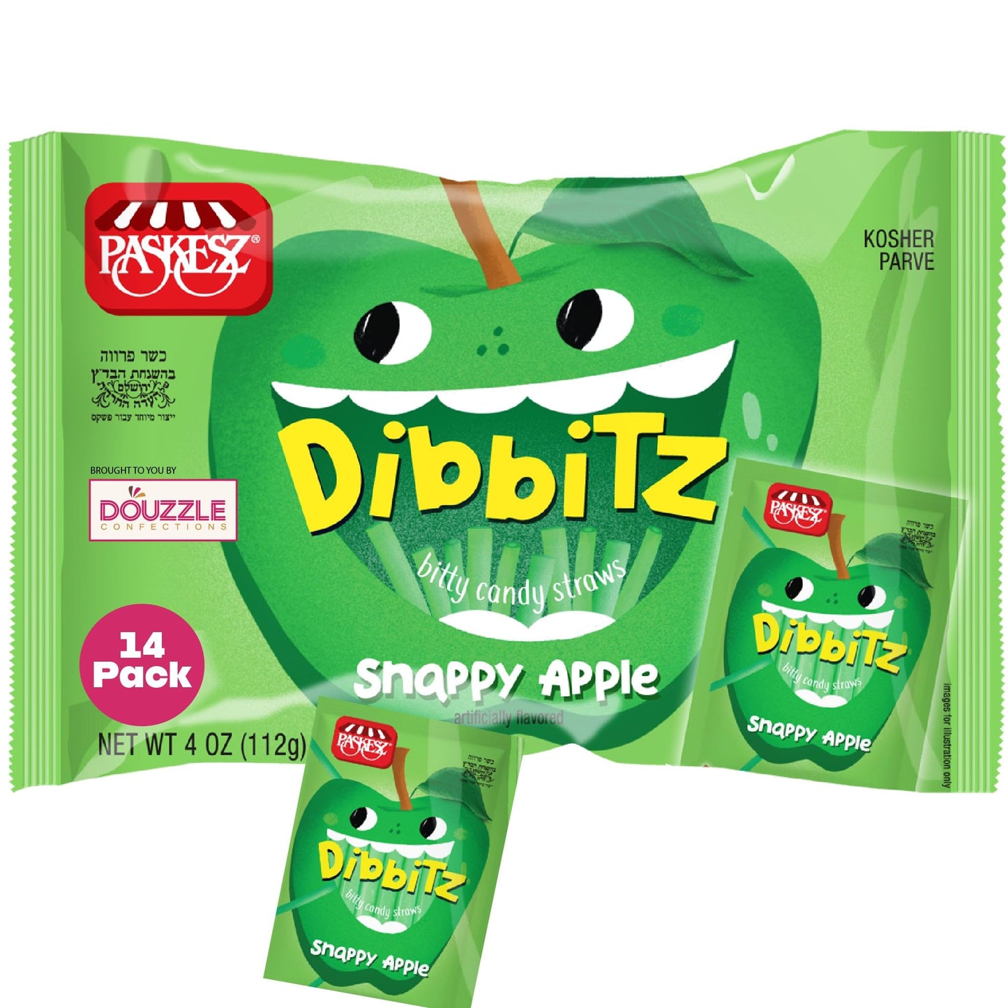 DOUzzle Dibbitz Apple, Candy Filled Straw Sticks (14 Count, Pack of 1) Individually Wrapped Candies, Birthday Party Favors, Good