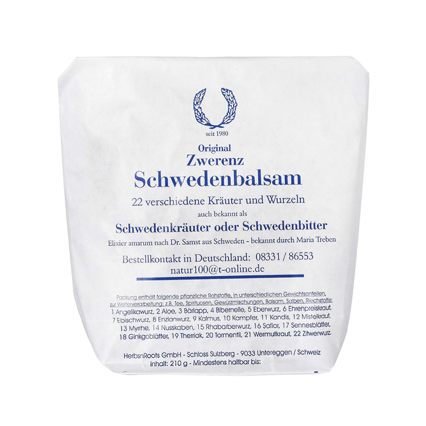 Original Zwerenz Swedish Bitters. Made in Germany. 22 Ingredients. 210 gr