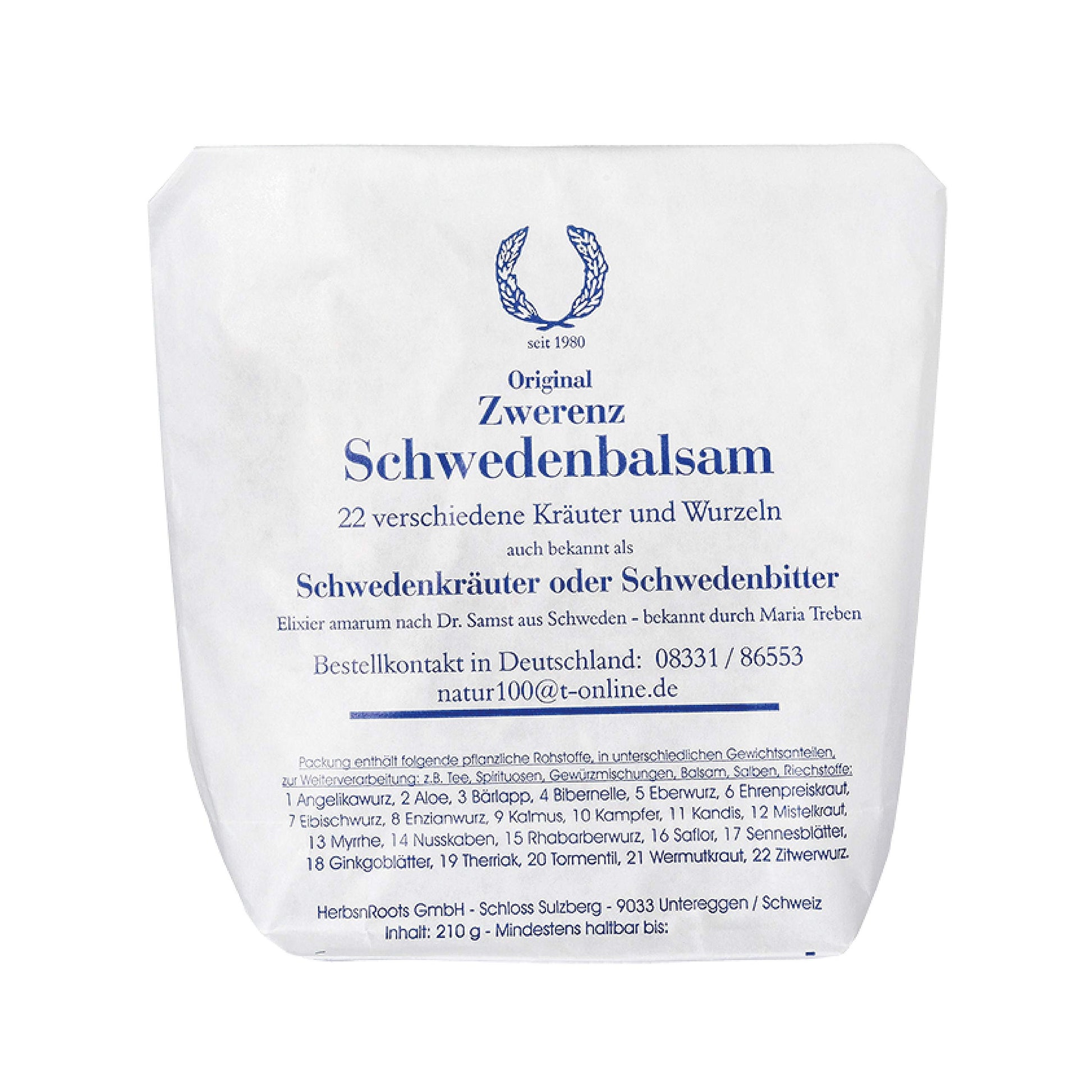 Original Zwerenz Swedish Bitters. Made in Germany. 22 Ingredients. 210 gr