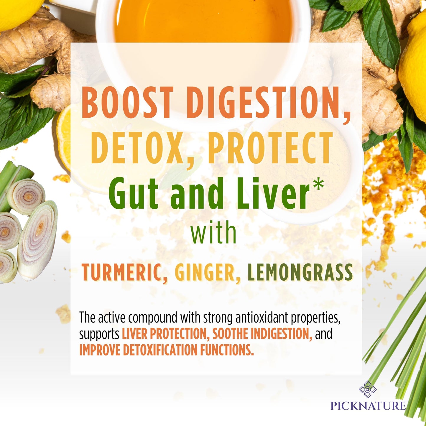 Picknature Usda Organic Happy Tummy Tea - Digestive Tea With Lemongrass, Turmeric, Ginger Tea Freshly Picked From Thailand| 60 T