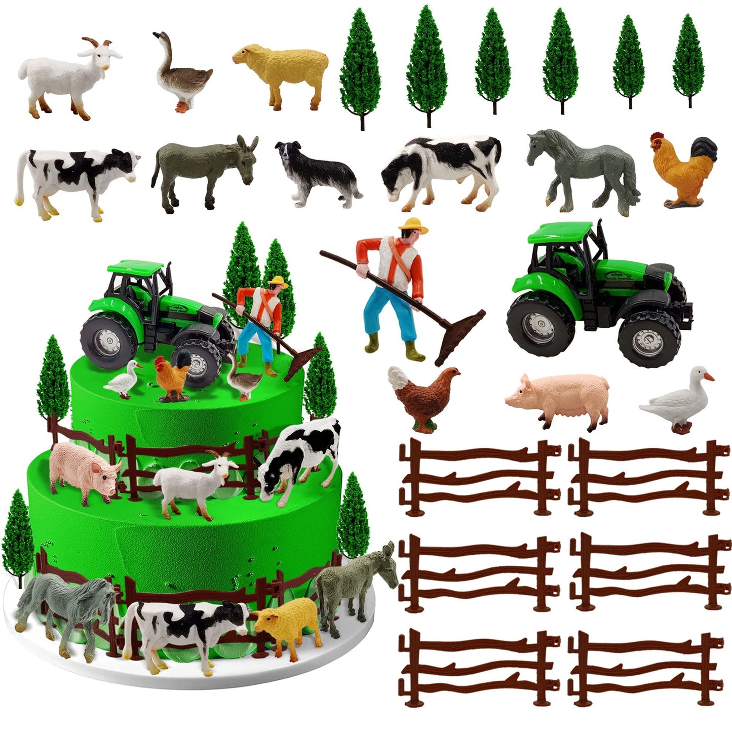 26 Pcs Mini Farm Animal Tractor Cake Topper Set With Tree Farmer Fences Cow Pig Sheep Figures Tractor Farmer Cake Topper For Boy