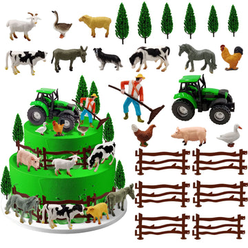 26 Pcs Mini Farm Animal Tractor Cake Topper Set With Tree Farmer Fences Cow Pig Sheep Figures Tractor Farmer Cake Topper For Boy