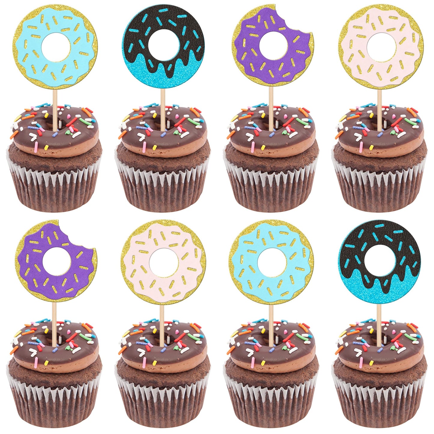 24 PCS Donut Cupcake Toppers Glitter Sweet Donut Cupcake Picks Donut Theme Birthday Party Decorations for Celebrating Baby Showe