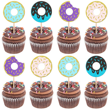 24 PCS Donut Cupcake Toppers Glitter Sweet Donut Cupcake Picks Donut Theme Birthday Party Decorations for Celebrating Baby Showe