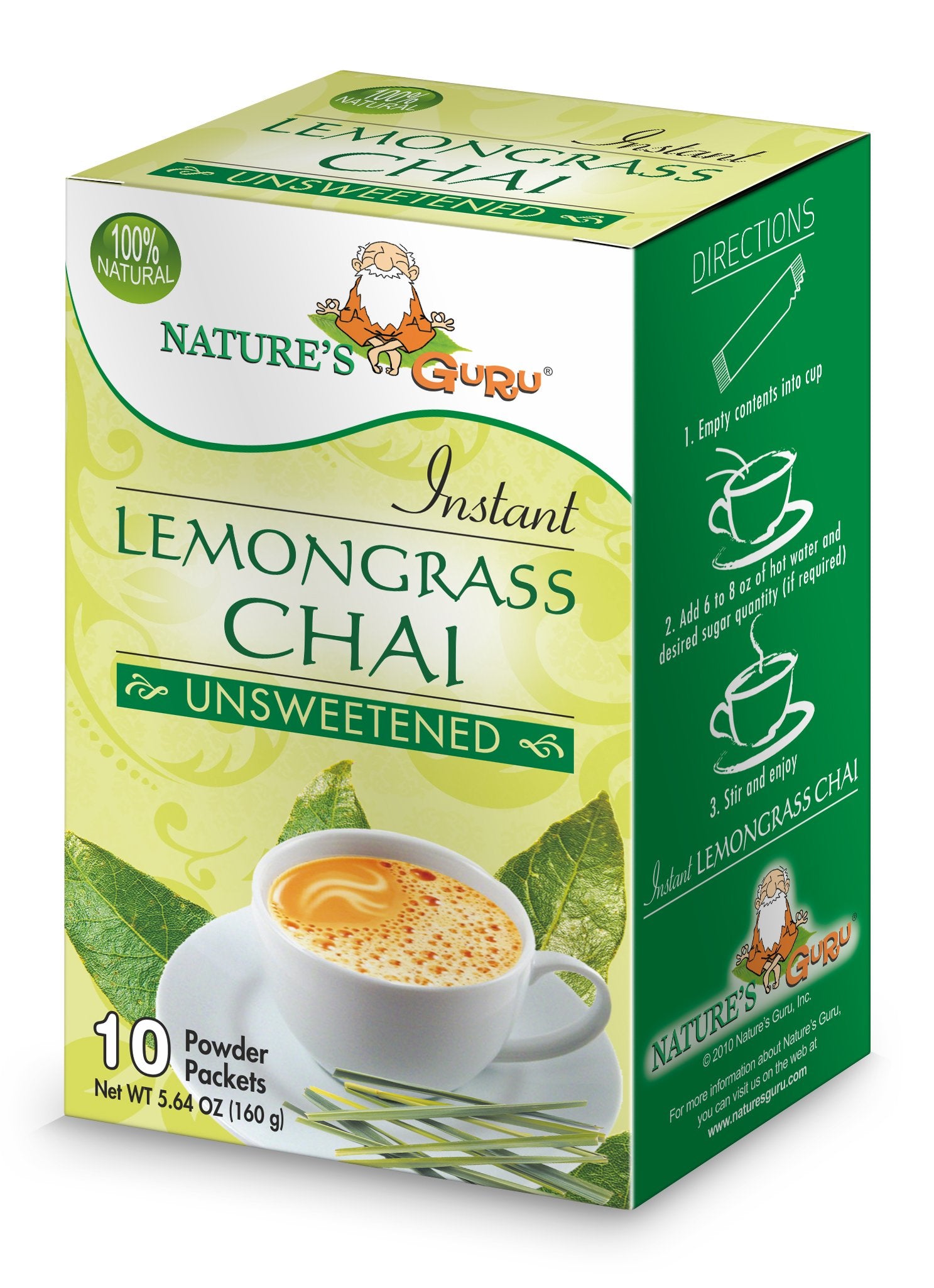 Nature'S Guru Instant Lemongrass Chai Tea Drink Mix Unsweetened 10 Count Single Serve On-The-Go Drink Packets