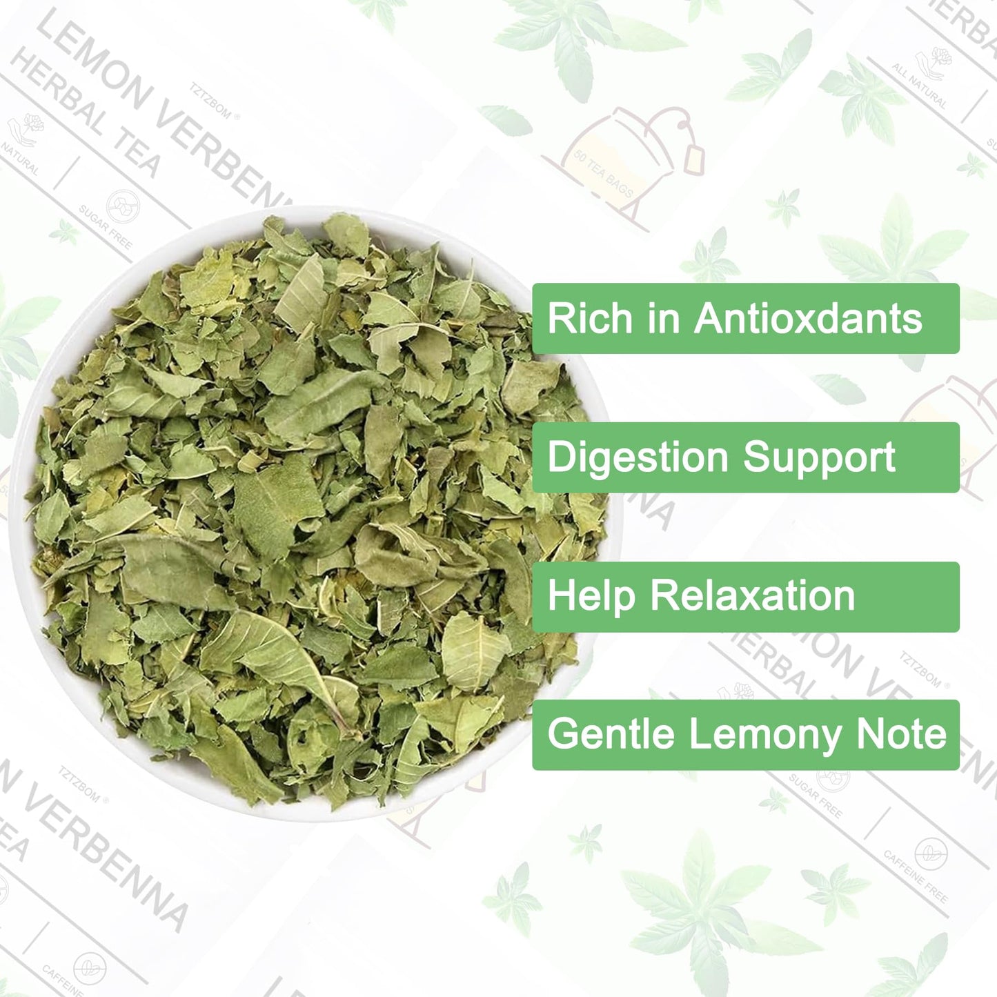 Tztzbom - Lemon Verbena Tea - 2G X 50 Count - Premium Lemon Tea Bags For Digestion Support & Relaxation - Natural Cut & Sifted L