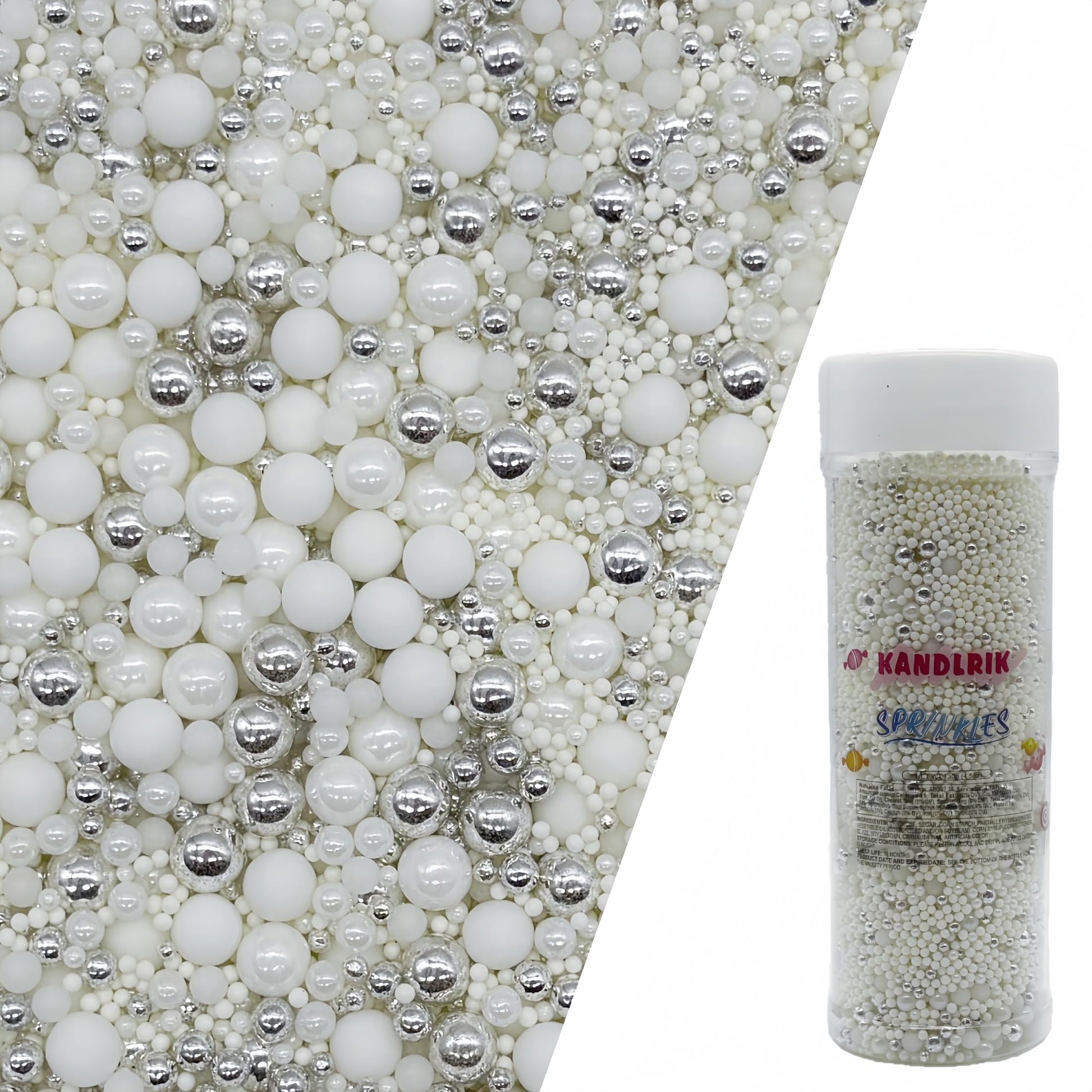 Edible White & Silver Sugar Pearls Sprinkles Candy Mix Size Pearls Cake Decorations Cupcake Toppers Decorating Perfect for Weddi