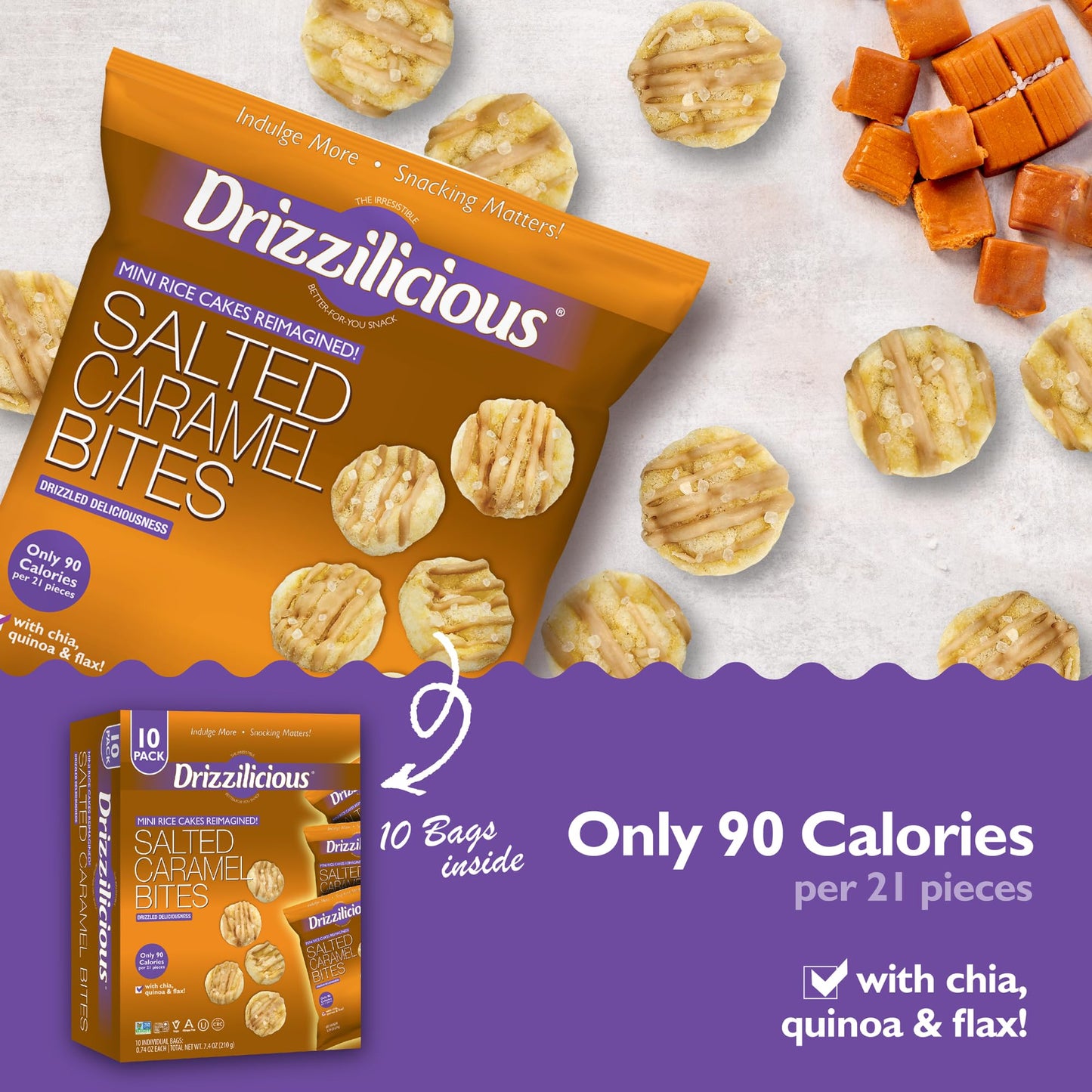 Drizzilicious Mini Rice Cakes Salted Caramel, Vegan & Gluten Free, Healthy Snack, 0.74 oz (Pack of 10), Only 90 Calories per Bag