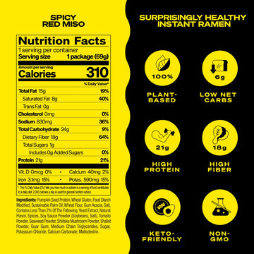 Immi Spicy Red Miso Ramen, 100% Plant Based, Keto Friendly, Low Carb, High Protein, Packaged Noodle Meal Kit, Ready To Eat, 6 Pa