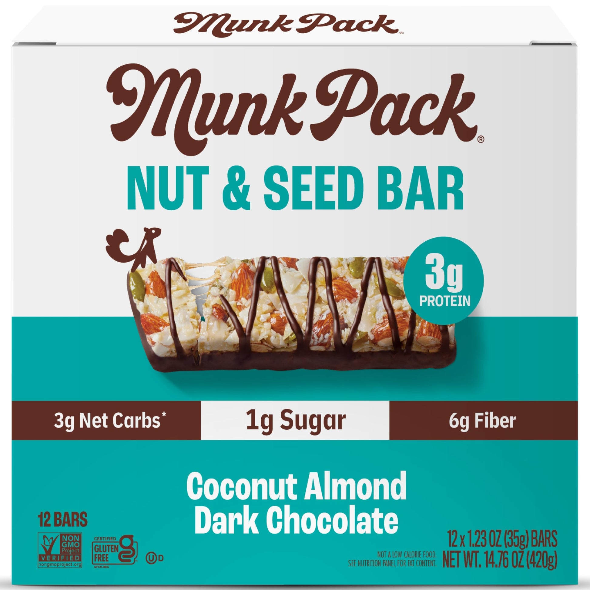 Munk Pack Nut & Seed Bar Coconut Almond Dark Chocolate | 1G Sugar, Low Carb & Keto, 3G Protein | Gluten Free, Plant Based, Zero 