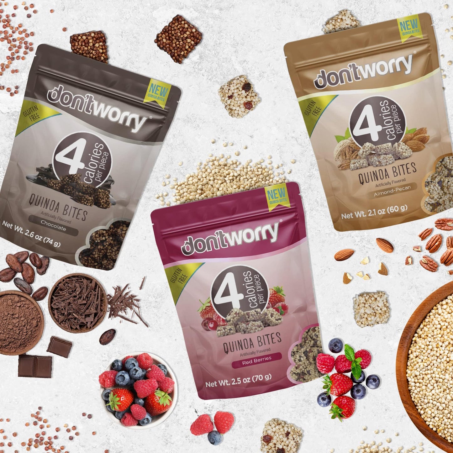 Don t Worry Chocolate Quinoa Bites - Low Calorie Snacks, Only 4 Calories per Piece, Healthy Granola Mini Bars, Low Carb Quinoa