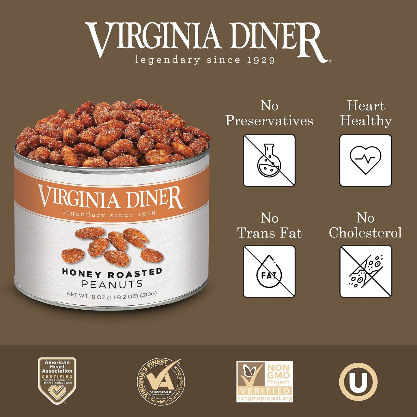 Virginia Diner - Gourmet Extra Large Honey Roasted Virginia Peanuts, 18 Ounce Tin