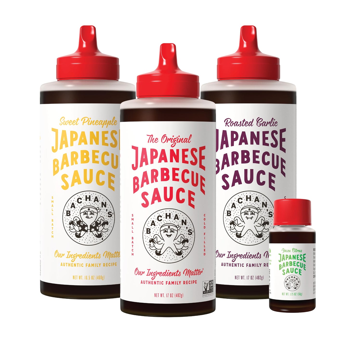 Bachan's Japanese Barbecue Sauce 4 Pack - 1 OG, 1 Sweet Pineapple, 1 Garlic, 1 Yuzu Mini - BBQ Sauce for Wings, Chicken, Beef, P