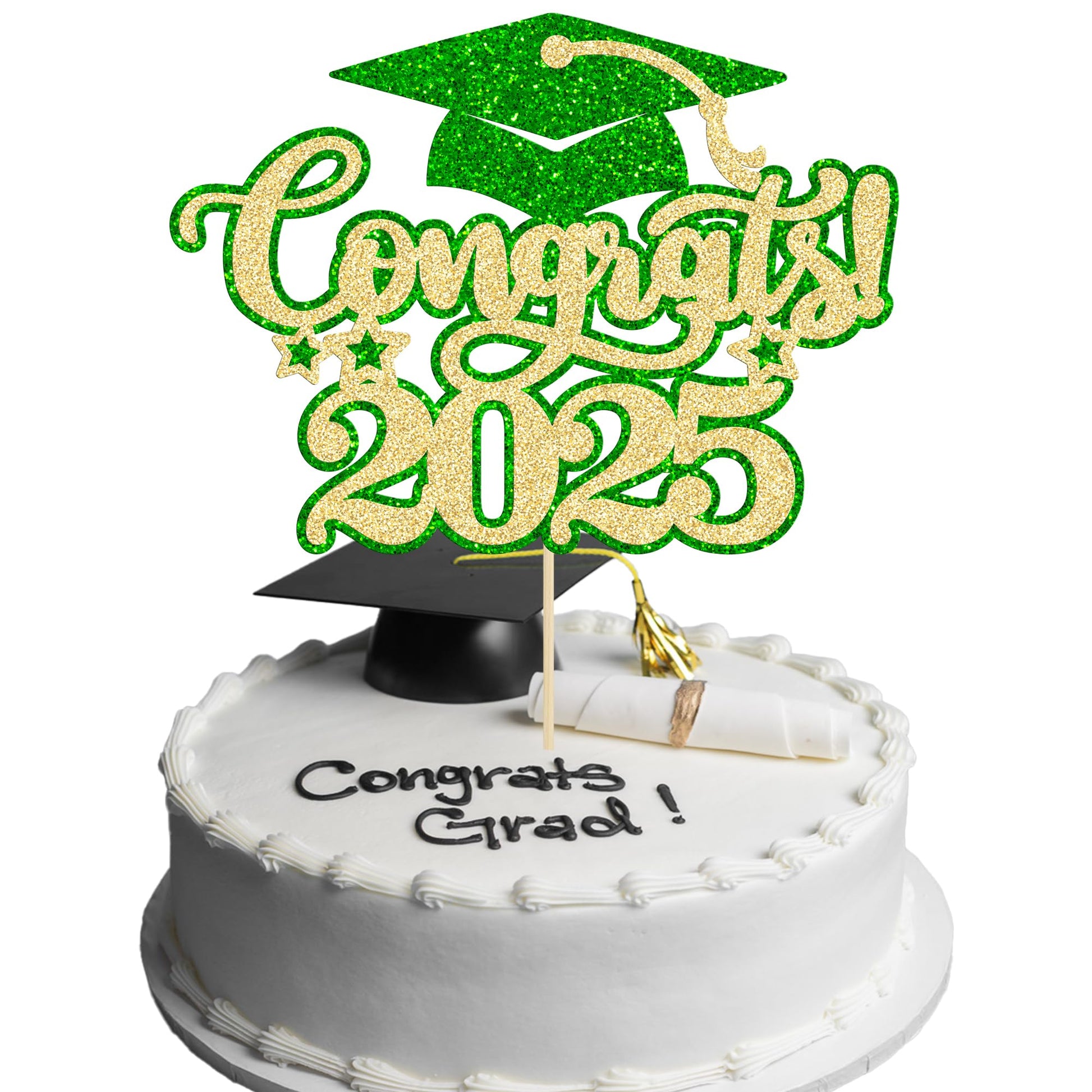 Gyufise 1Pcs Congrats 2025 Cake Topper Glitter Diploma Grad Cap Cake Pick Class Of 2025 Graduation Cake Decoration For 2025 Graduation Theme Party Decorations Supplies Green Gold
