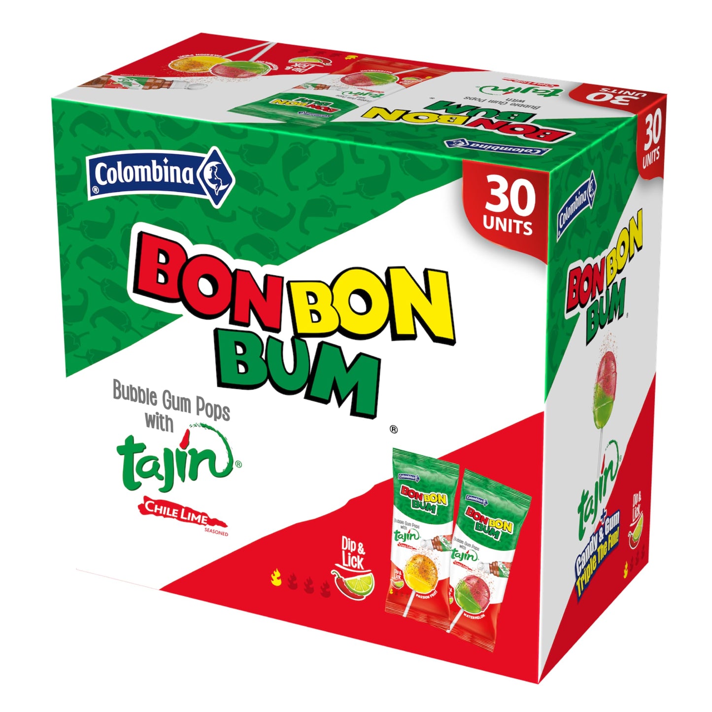 Colombina Bon Bon Bum Tajin Tropical Passion Fruit & Watermelon with Tajin Chile Lime Dip Dispenser, 30 Count (Pack of 1)