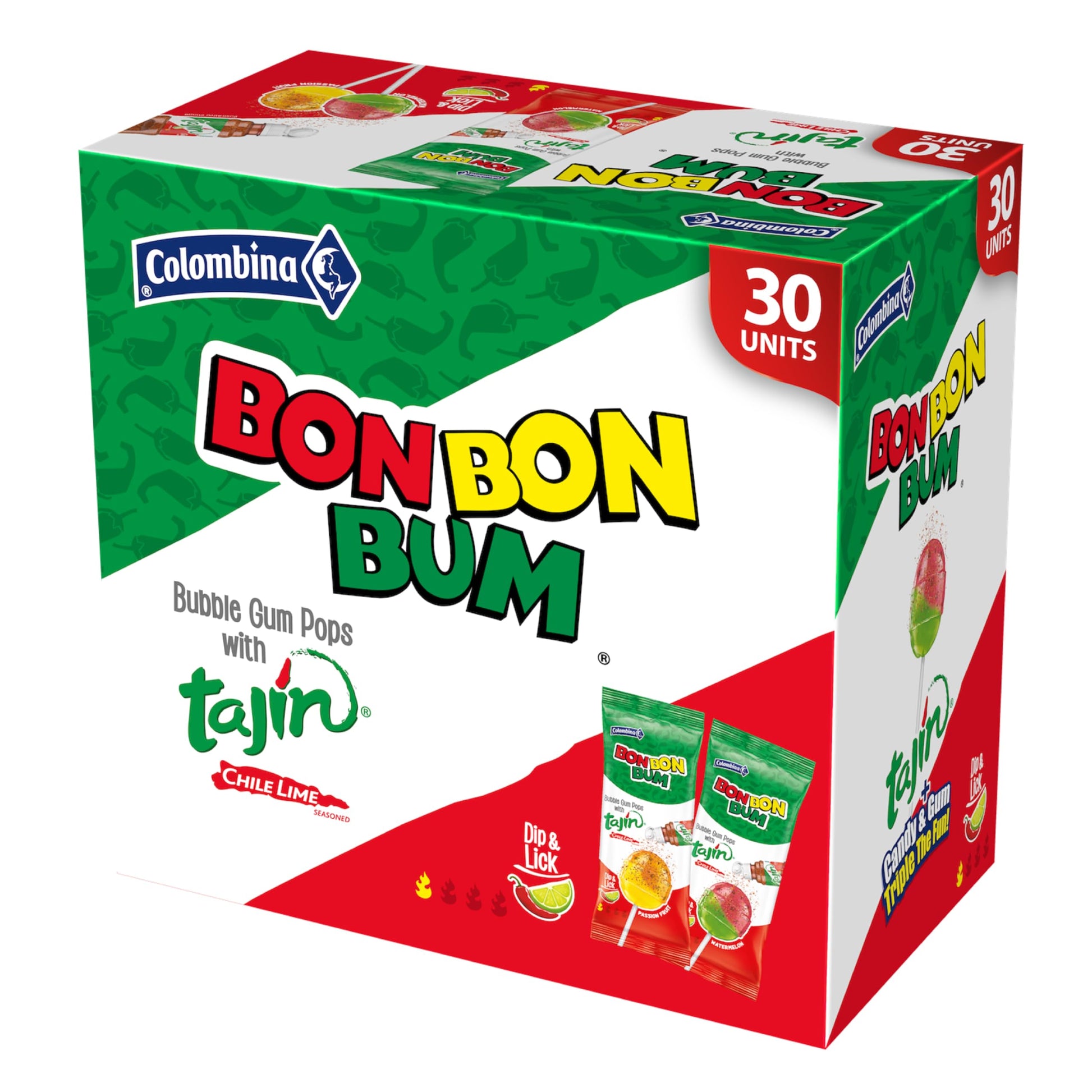 Colombina Bon Bon Bum Tajin Tropical Passion Fruit & Watermelon with Tajin Chile Lime Dip Dispenser, 30 Count (Pack of 1)