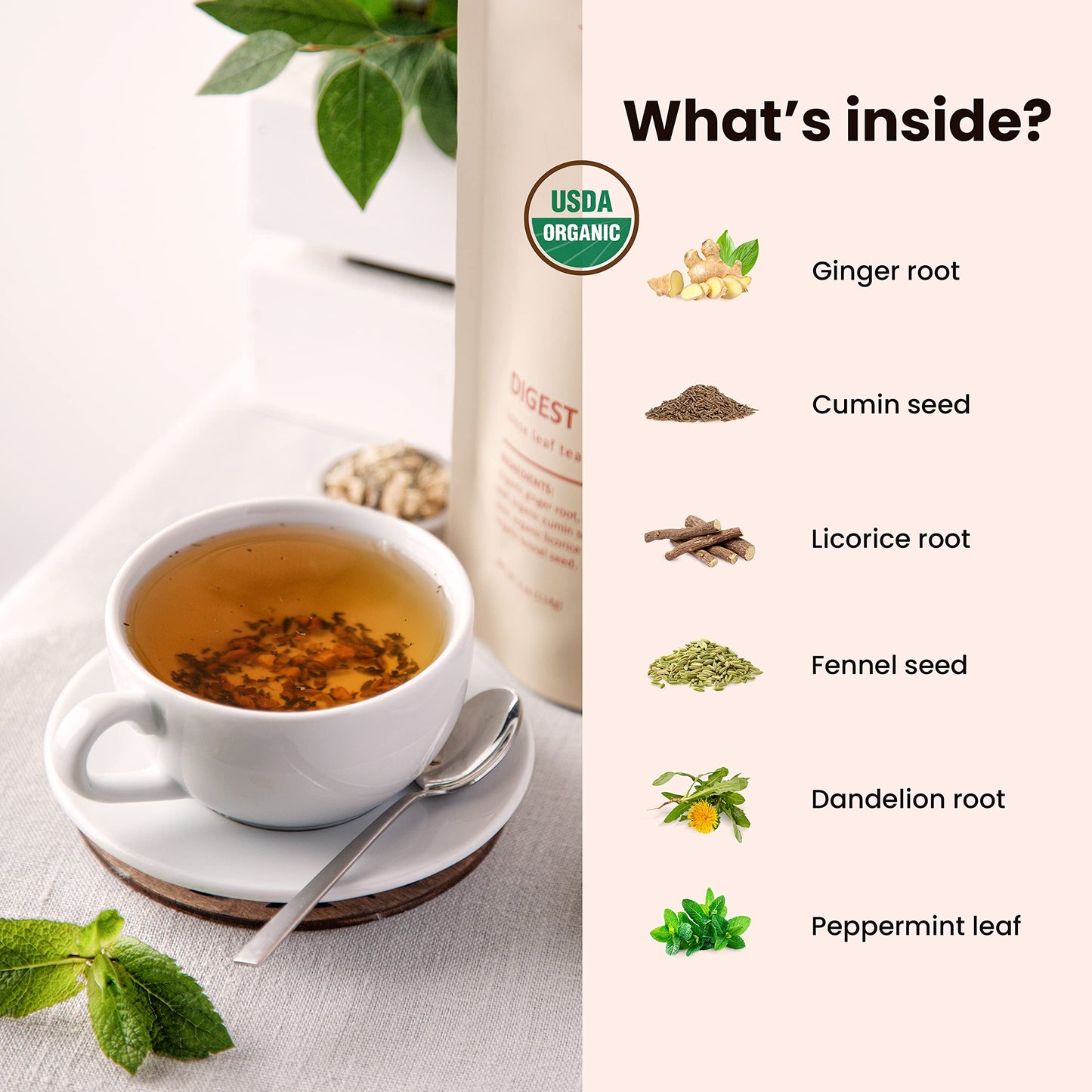 Gardenika Organic Digestive Loose Leaf Tea, Herbal Blend with Dandelion, Ginger, Peppermint, Licorice - 4 oz, Caffeine-Free