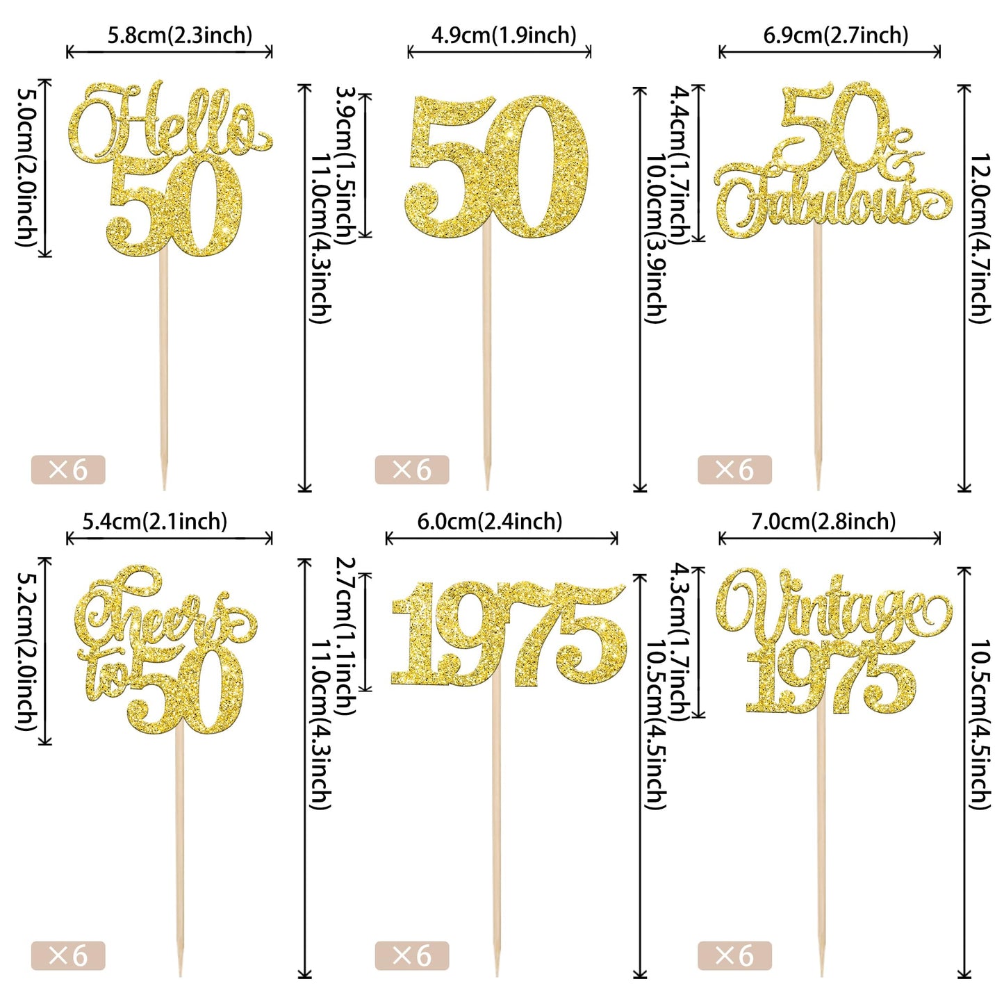 Rssta i 50th Birthday Cupcake Toppers, Gold Glitter, Vintage 1975, Paper, 24 Pack