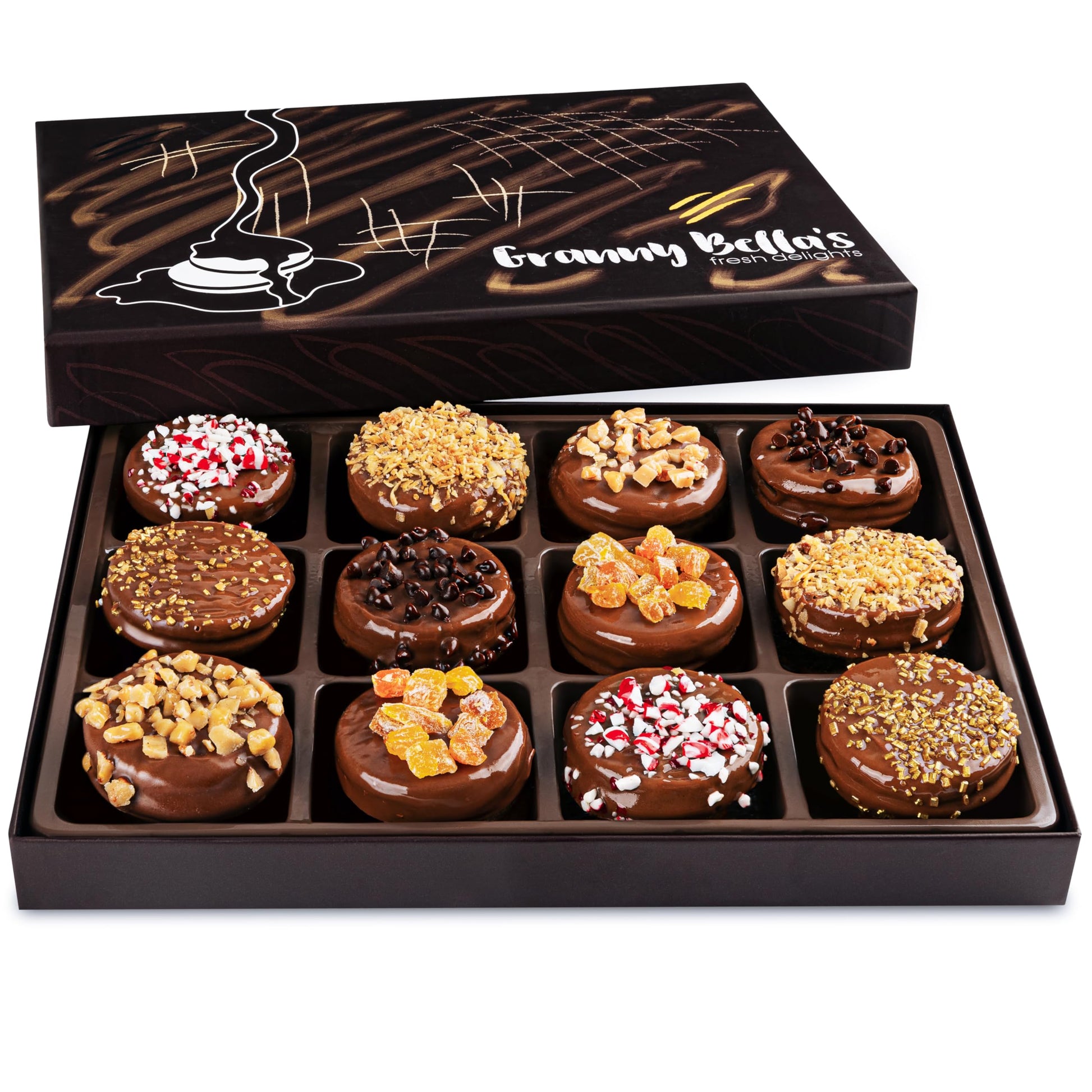 Granny Bellas12 Chocolate Covered Cookies  Gift Basket Gourmet Candy Gifts Box For Food Delivery  Hamper Stuffer Gifts For Mom  Family And Friends Valentines Day Christmas Holiday Thanksgiving
