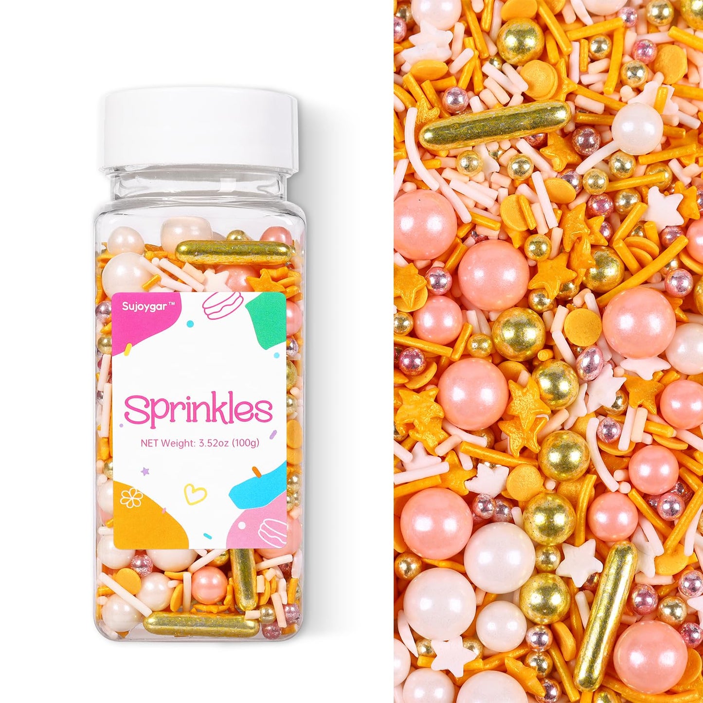 Pink Gold Sprinkles, Star Sprinkles For Cake Decorating Cupcake Toppers Ice Cream Cookie Baking, Wedding Party, 3.52Oz