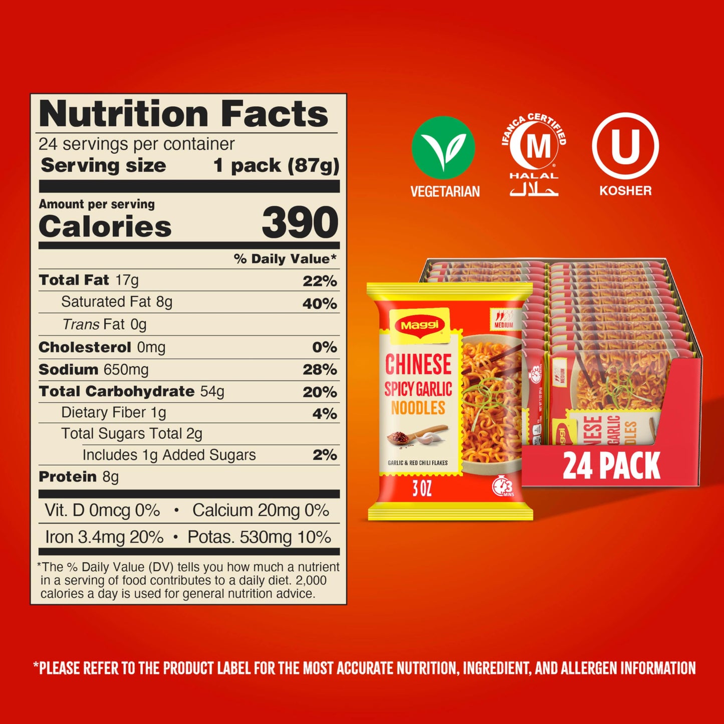 Maggi Chinese Spicy Garlic Noodles, Instant Ramen Noodles, 3 min, Vegetarian, Halal, Kosher, 24-Pack