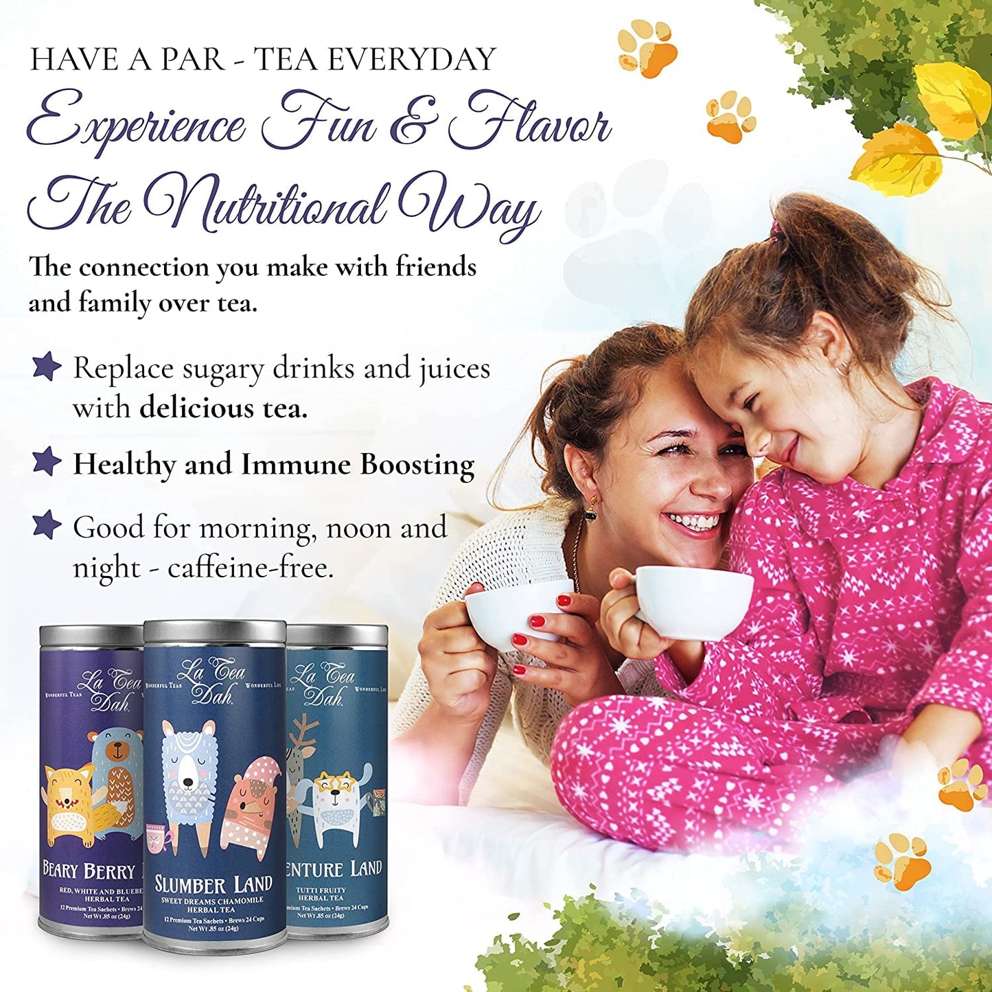 La Tea Dah Little Animals Tea Gift Basket, Caffeine Free Herbal Tea Sampler for Kids, 36 Decaf Sachets