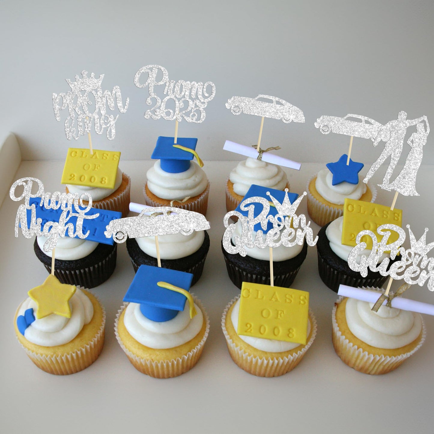 Gyufise 24Pcs Sliver Prom Cupcake Topper Prom Decorations For Party 2025 Prom Graduation Cupcake Topper 2025 Graduation Decorati