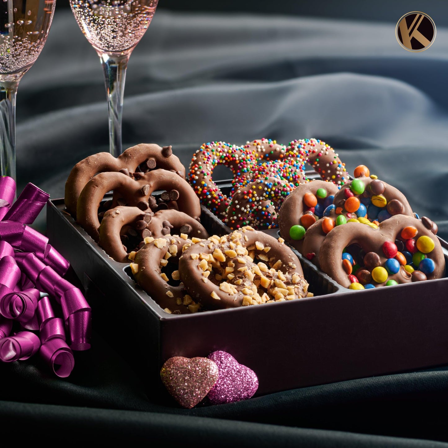 Nut Cravings KREMERY Creamy Chocolate Covered Pretzel Twists Gift Basket, 12 Piece Set, Assorted Sweet Toppings, Brown Gift Box