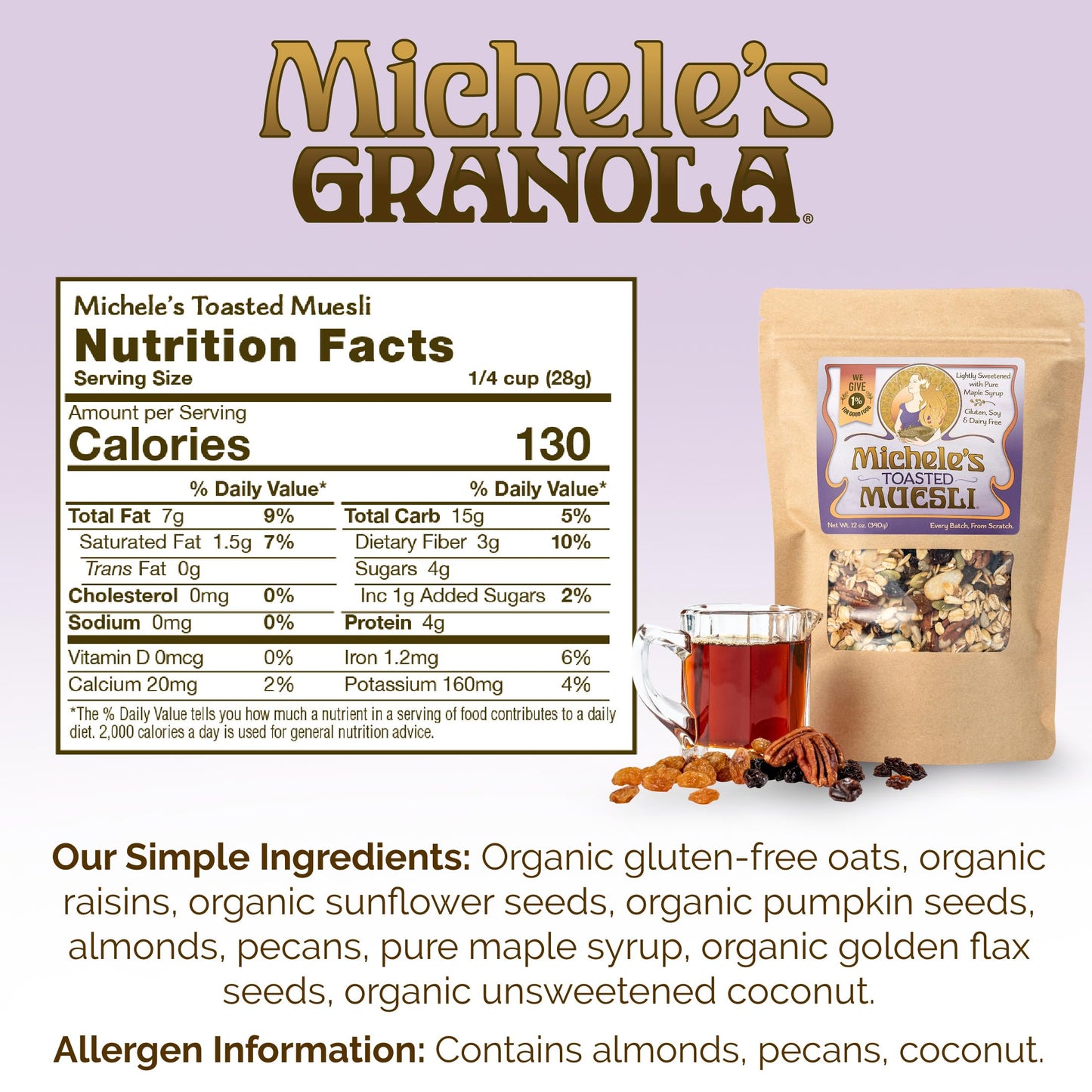 Micheles Granola - Toasted Muesli - Handmade Non-GMO Whole Grain Oats - Free of Gluten, Soy, Wheat, Dairy, Added Oils & Refined