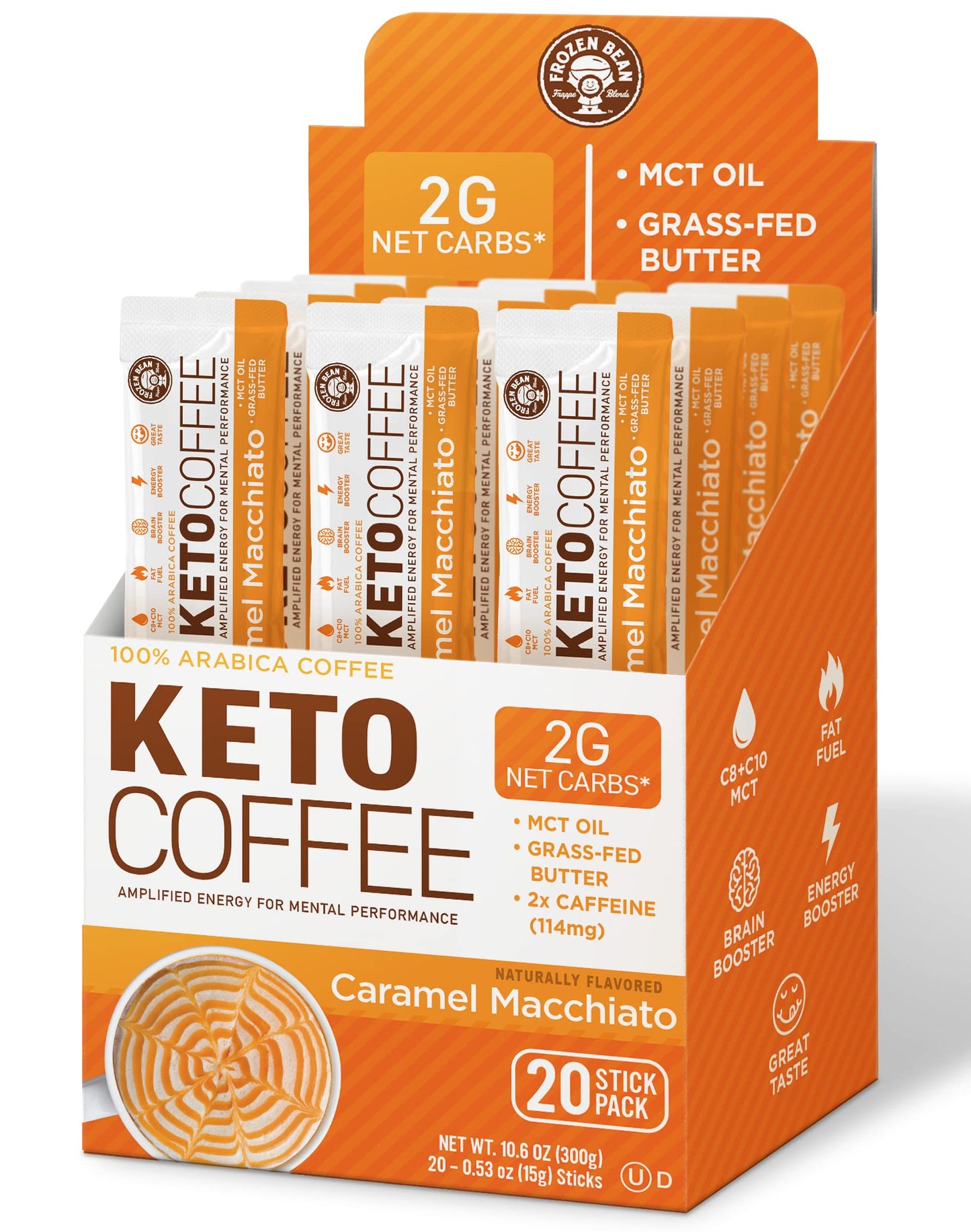The Frozen Bean Caramel Macchiato Keto Instant Coffee Mix - 20 Single Serve Sticks, Low Sugar, MCT Oils, 0.53 Ounce