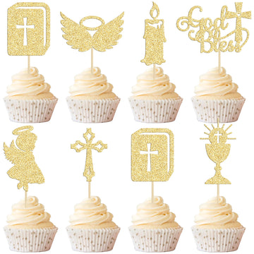 Gyufise 28Pcs God Bless Cupcake Toppers Gold Glitter Girls Baptism Cupcake Toppers Angel Chalice Bible Cross Cupcake Picks Chris