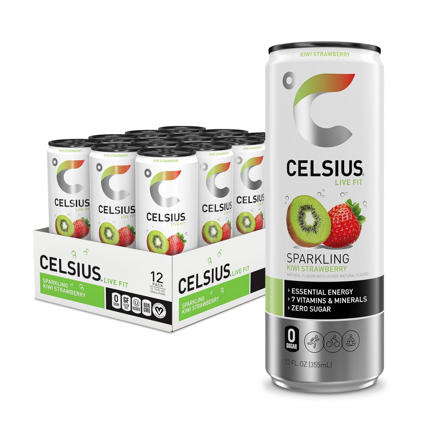 CELSIUS Sparkling Kiwi Strawberry, Functional Essential Energy Drink 12 Fl Oz (Pack of 12)