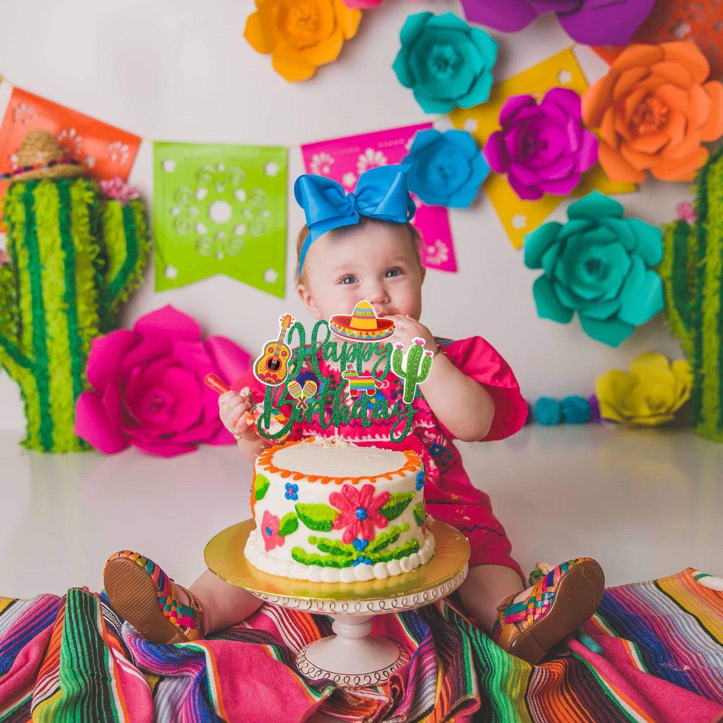 1 Pcs Mexican Fiesta Happy Birthday Cake Topper Glitter Cactus Donkey Maraca Sombrero Guitar Cake Pick For Mexican Fiesta Theme