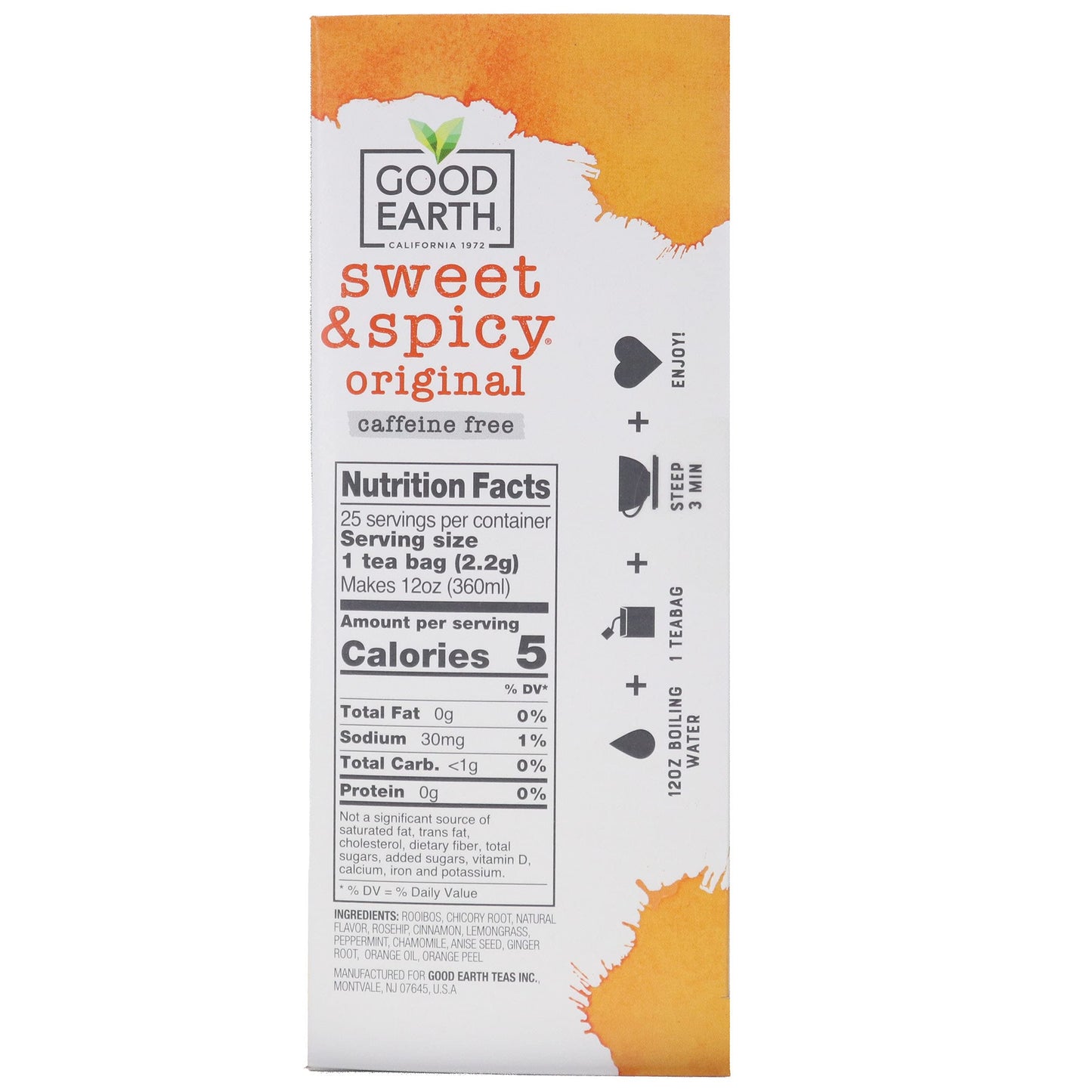 Good Earth Sweet and Spicy Herbal Tea, Caffeine-Free, 25 Tea Bags per Box, Pack of 6