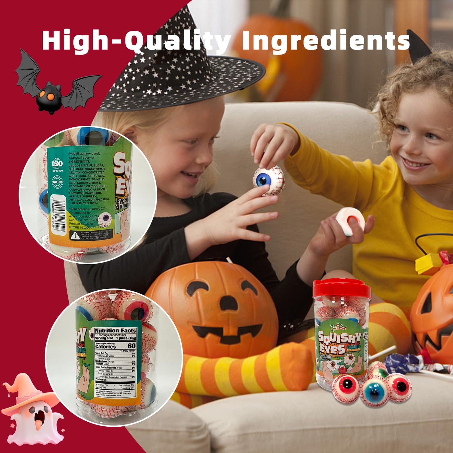 Apexy Sour Eyeball Gummies - With Fruity Liquid Center Eyeball Candy For Halloween, Birthday, Trick Or Treat, Party Candy - Jell