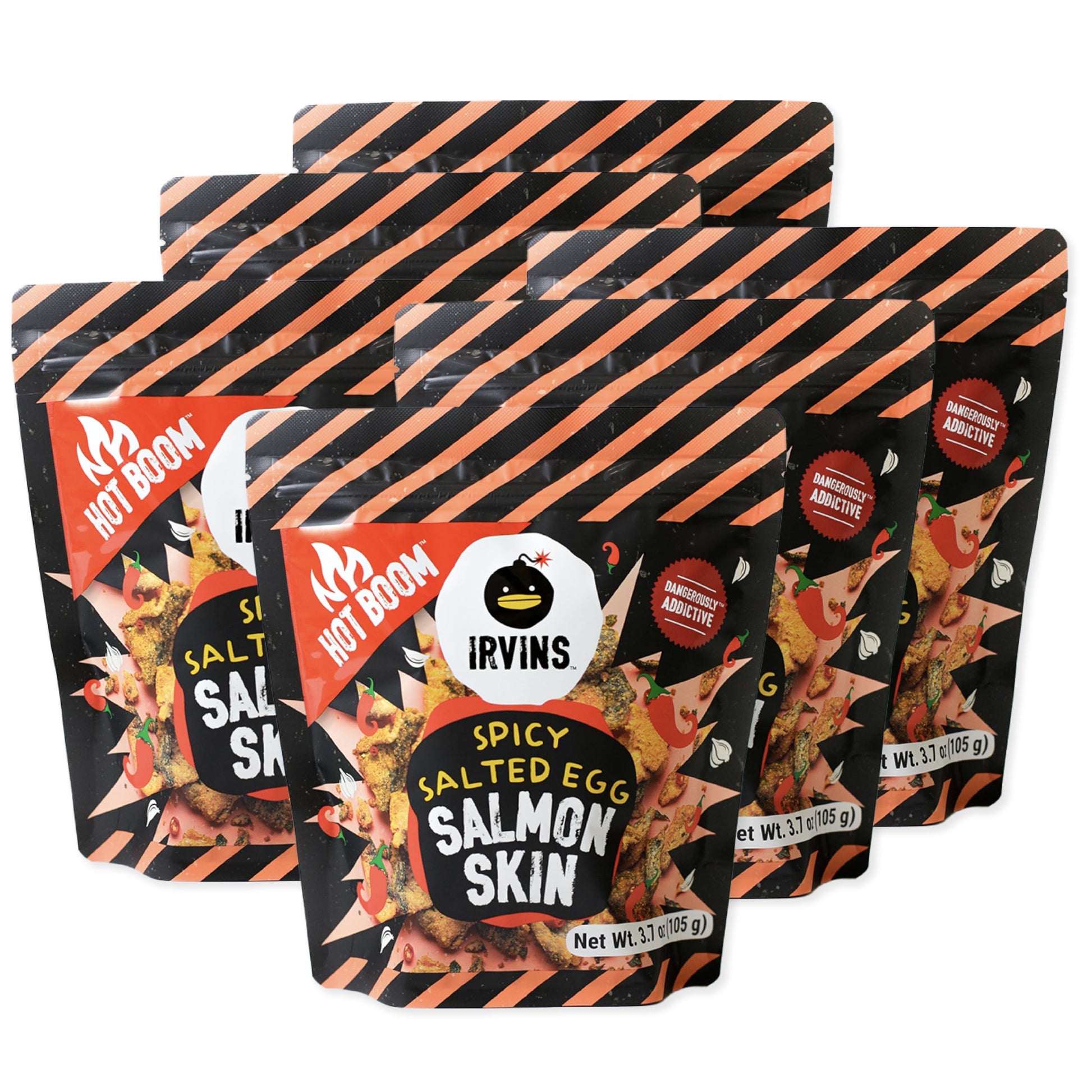Irvins Hot Boom Spicy Salted Egg Salmon Skin Chips Crisps | Premium Hand Cooked | Halal | High Protein | Keto-Friendly | 3.7 Oz (Pack Of 6)
