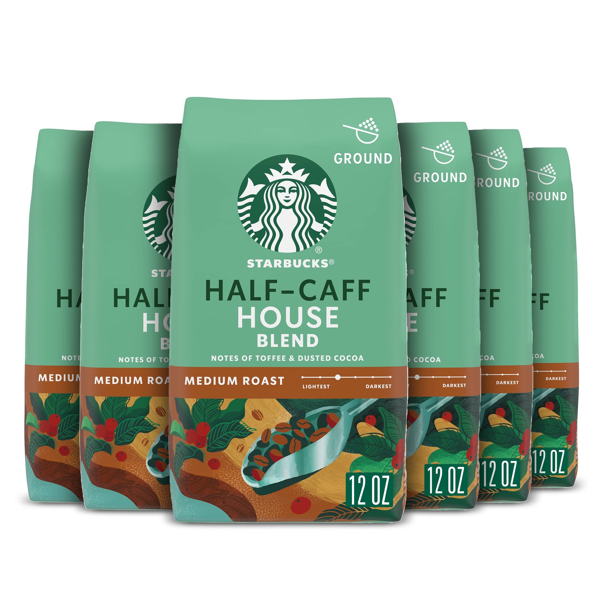 Starbucks Ground Coffee Medium Roast Half-Caff House Blend 100% Arabica 12 oz (Pack of 6)