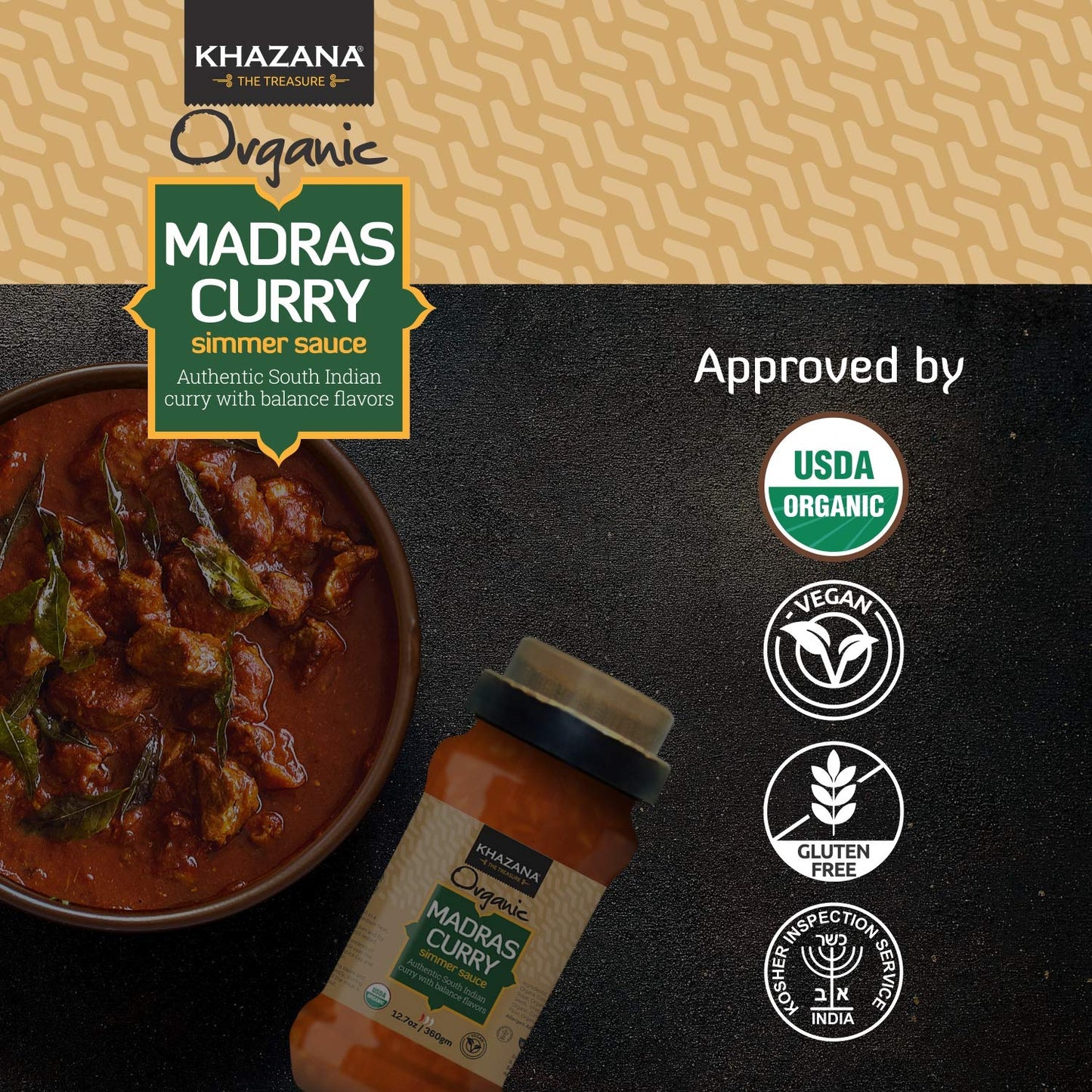 Khazana Organic Madras Curry Indian Simmer Sauce - 6 X 12.7Oz Jars | Non-Gmo, Vegan, Gluten Free, Kosher | Authentic Indian Meal