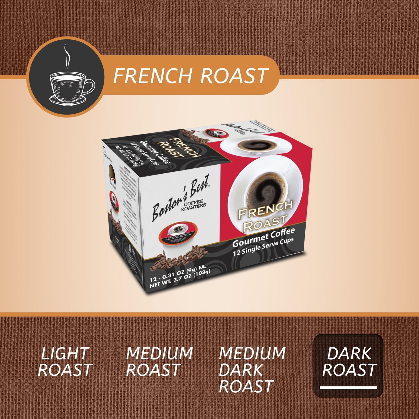 Bostons Best Coffee French Roast - Rich & Bold, Compatible with Keurig, 12 Single Serve Cups, 1 Count