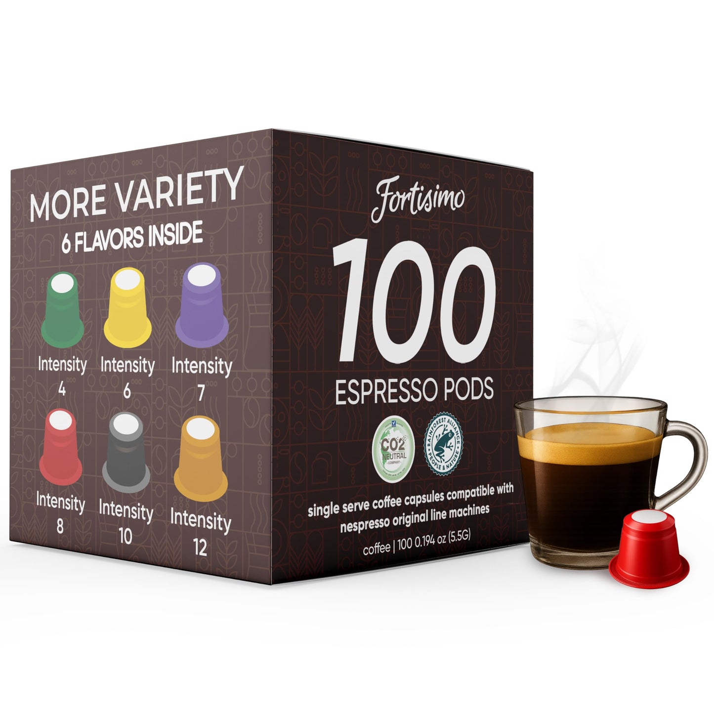 Fortisimo Espresso Pods Variety Pack - 100 Count Capsules - Compatible with Nespresso Original Line Machines - Authentic Taste