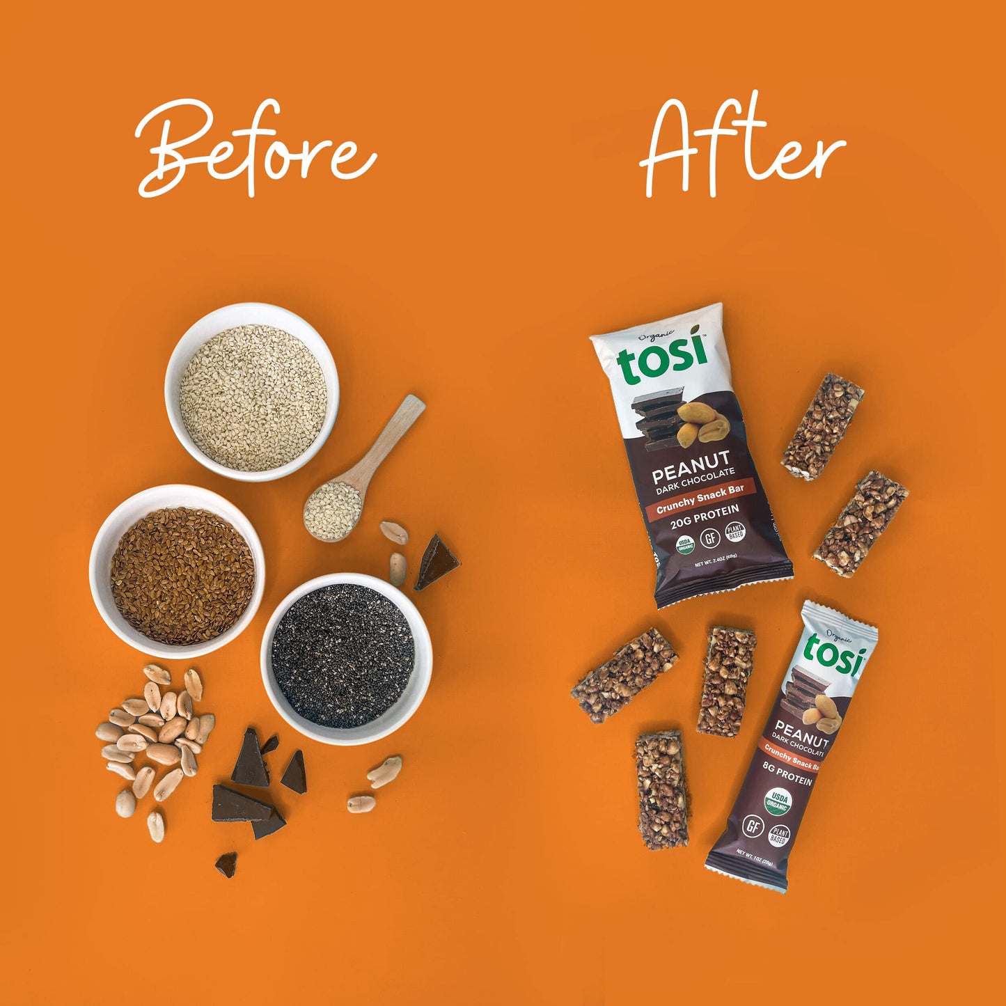 Tosi Dark Chocolate Peanut Protein Bars, Plant Based With Nuts, Gluten-Free Crunchy Snacks, Vegan, Organic, Flax & Chia Seeds, S