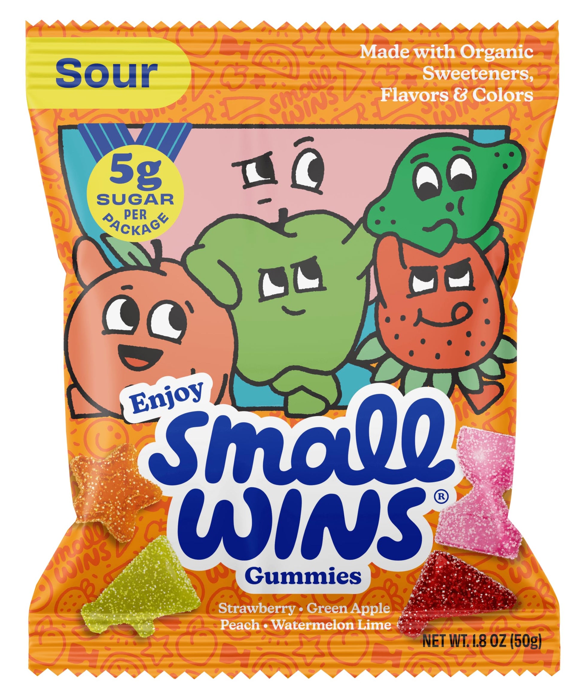 Small Wins Classic Gummies, Sour Fruit Flavored, Plant Based, Organic, All Natural Colors and Sweeteners, Vegan, Low Sugar (5g),