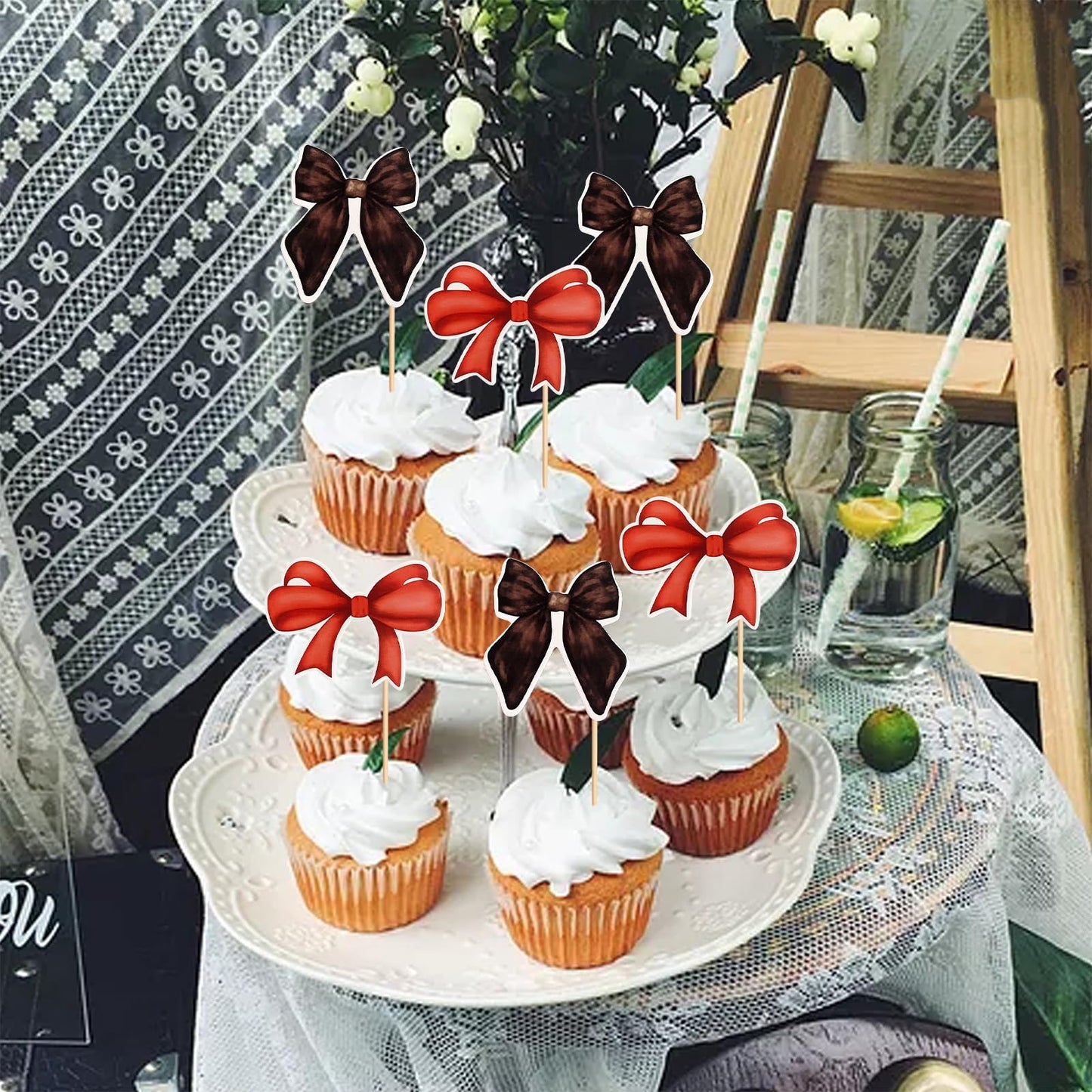 24 Pack Bow Cupcake Toppers Red Black Bowknot Cupcake Picks Bridal Shower Baby Shower Girls Theme Cake Dessert Picks Decoration