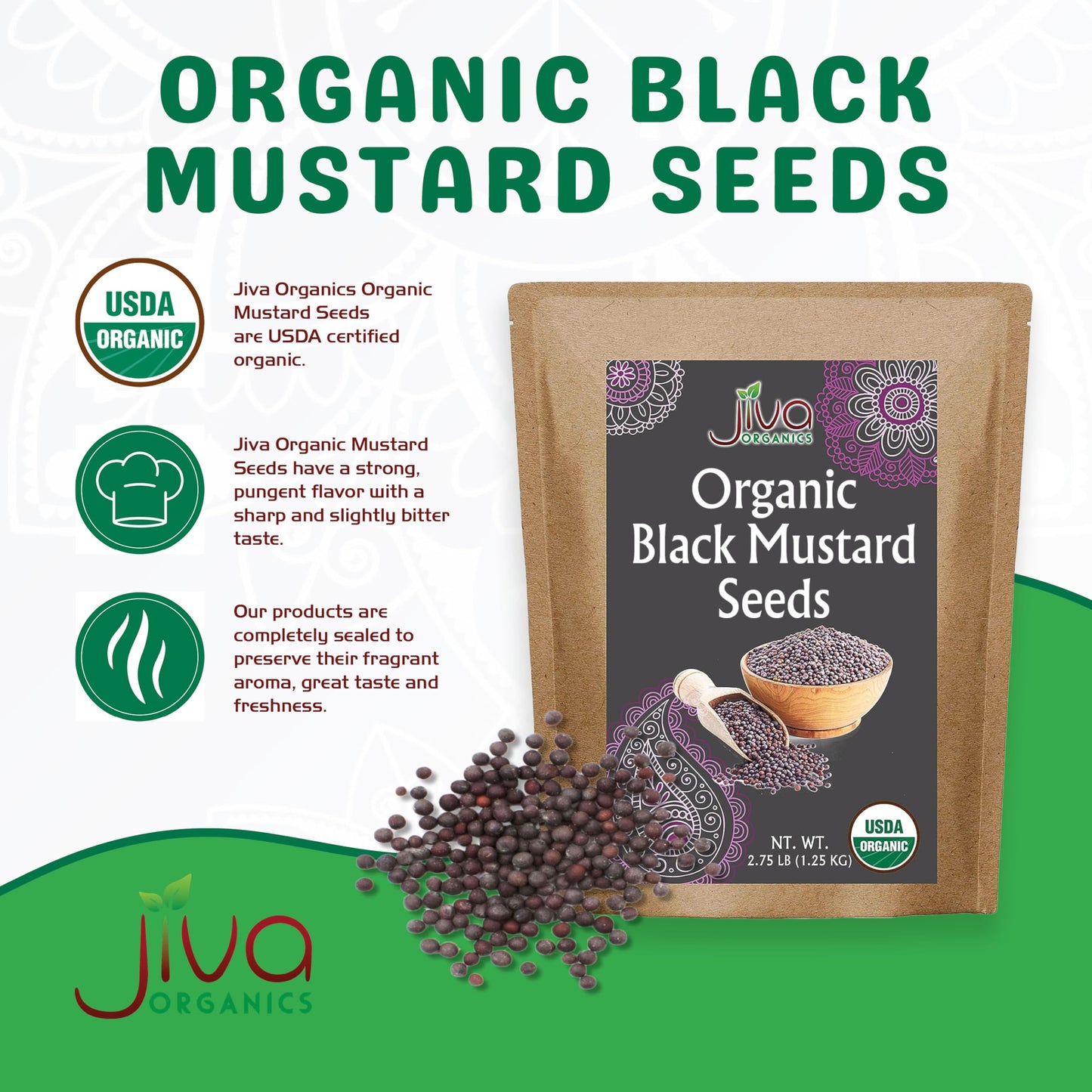 Jiva Organic Black Mustard Seeds Whole 2.75 Pound Bulk Bag - Non-GMO Keto Friendly, Non-Irradiated